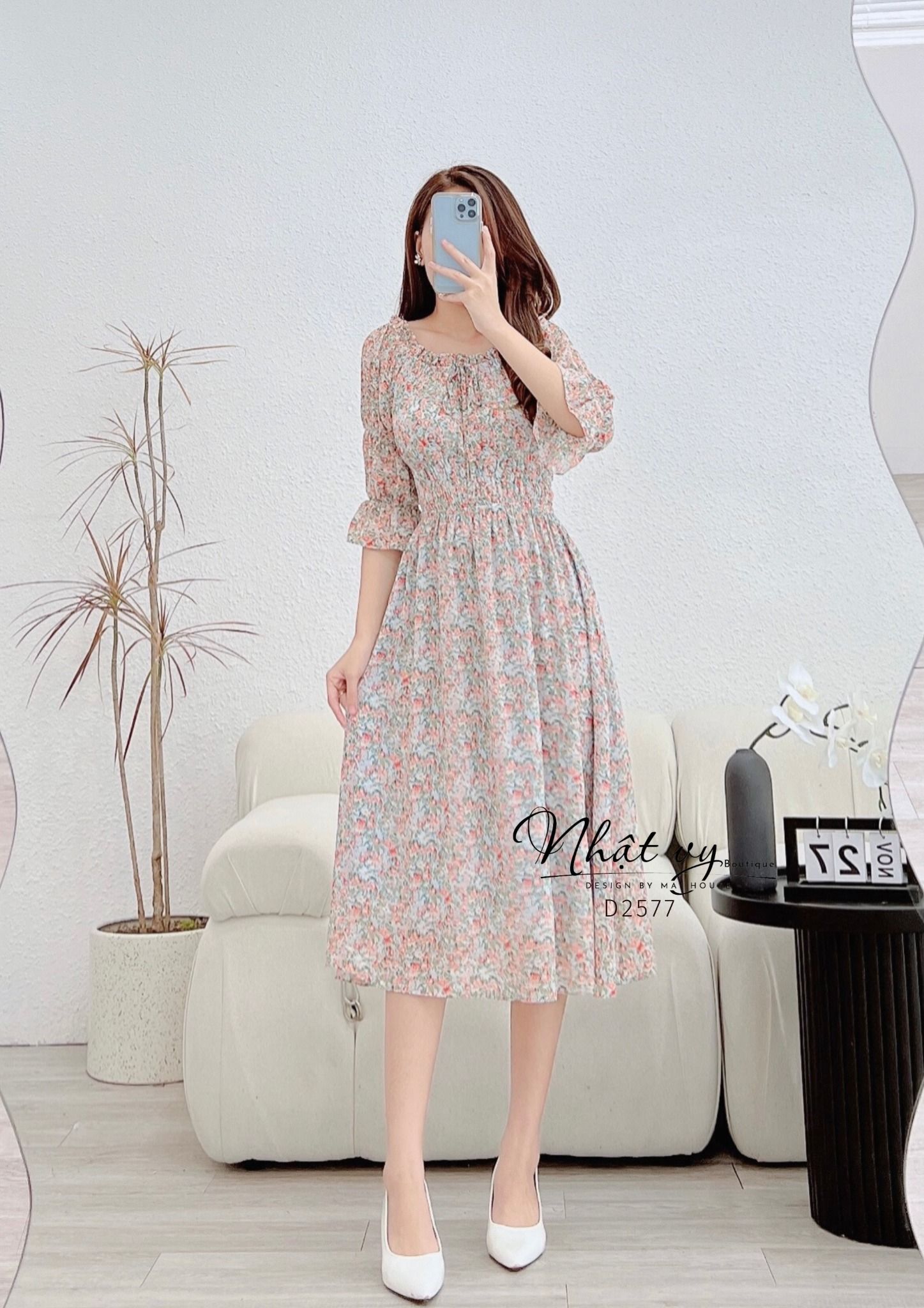 Đầm hoa trễ vai tay lửng nhún ngực bo thun eo - D2577