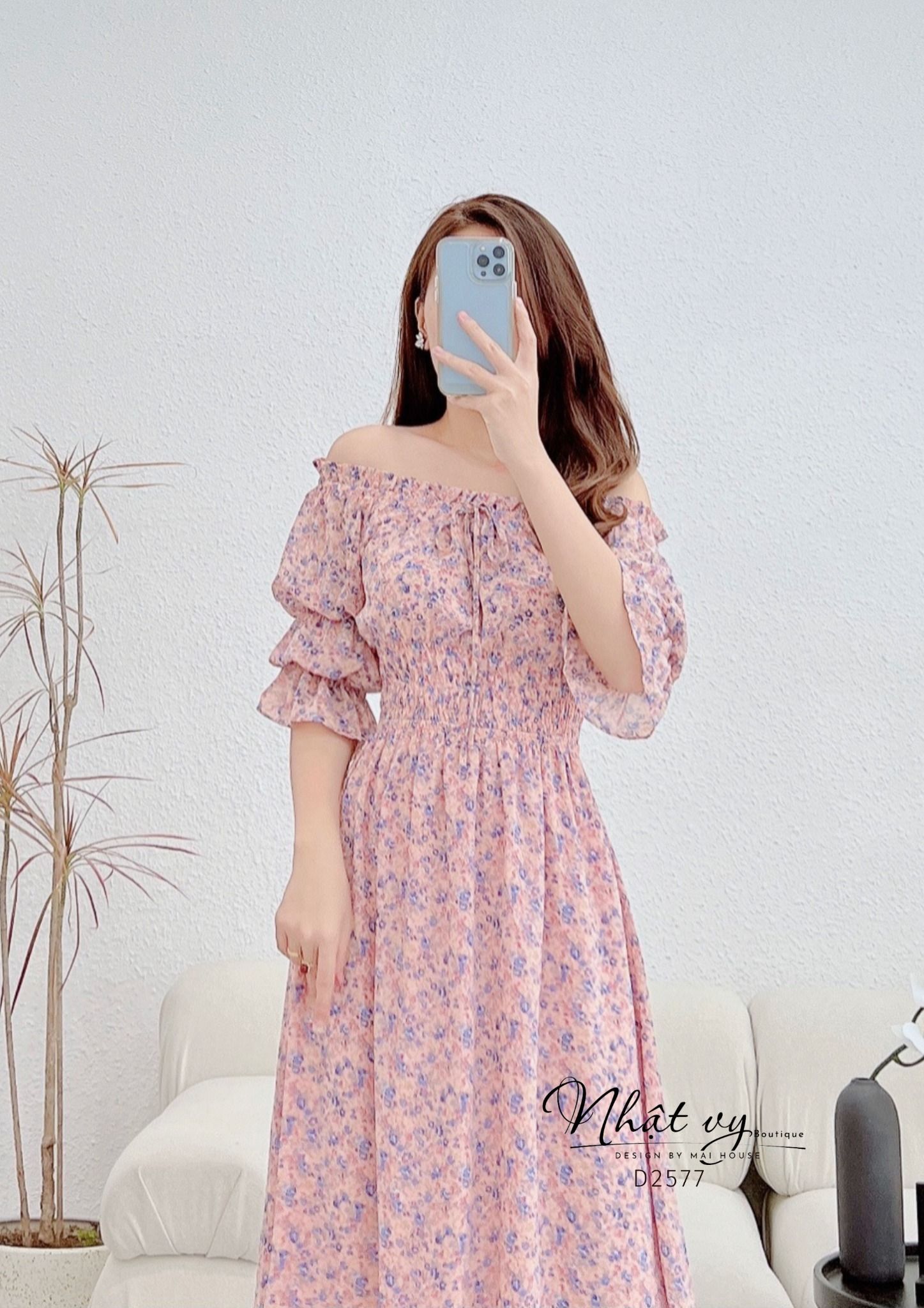Đầm hoa trễ vai tay lửng nhún ngực bo thun eo - D2577