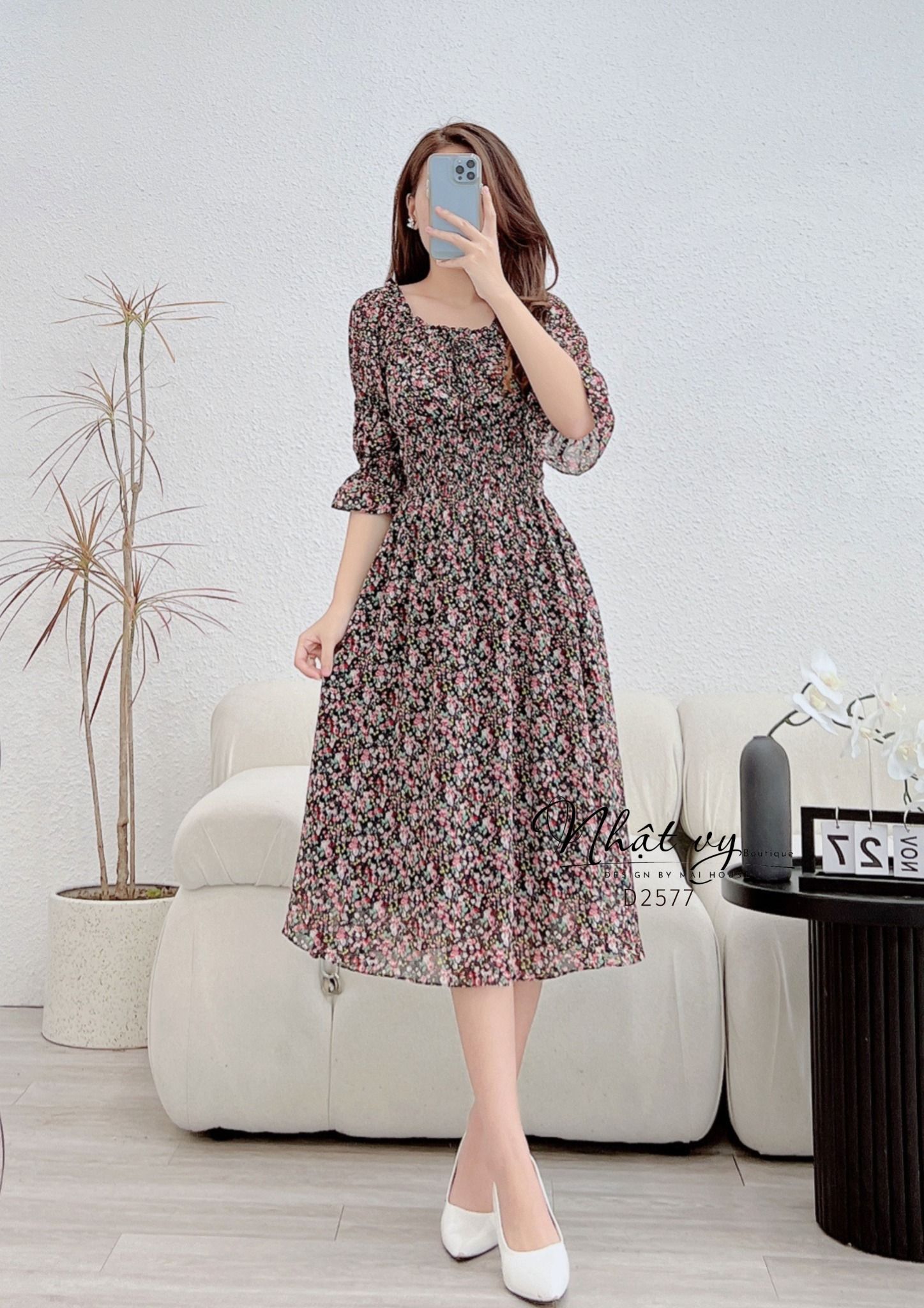 Đầm hoa trễ vai tay lửng nhún ngực bo thun eo - D2577