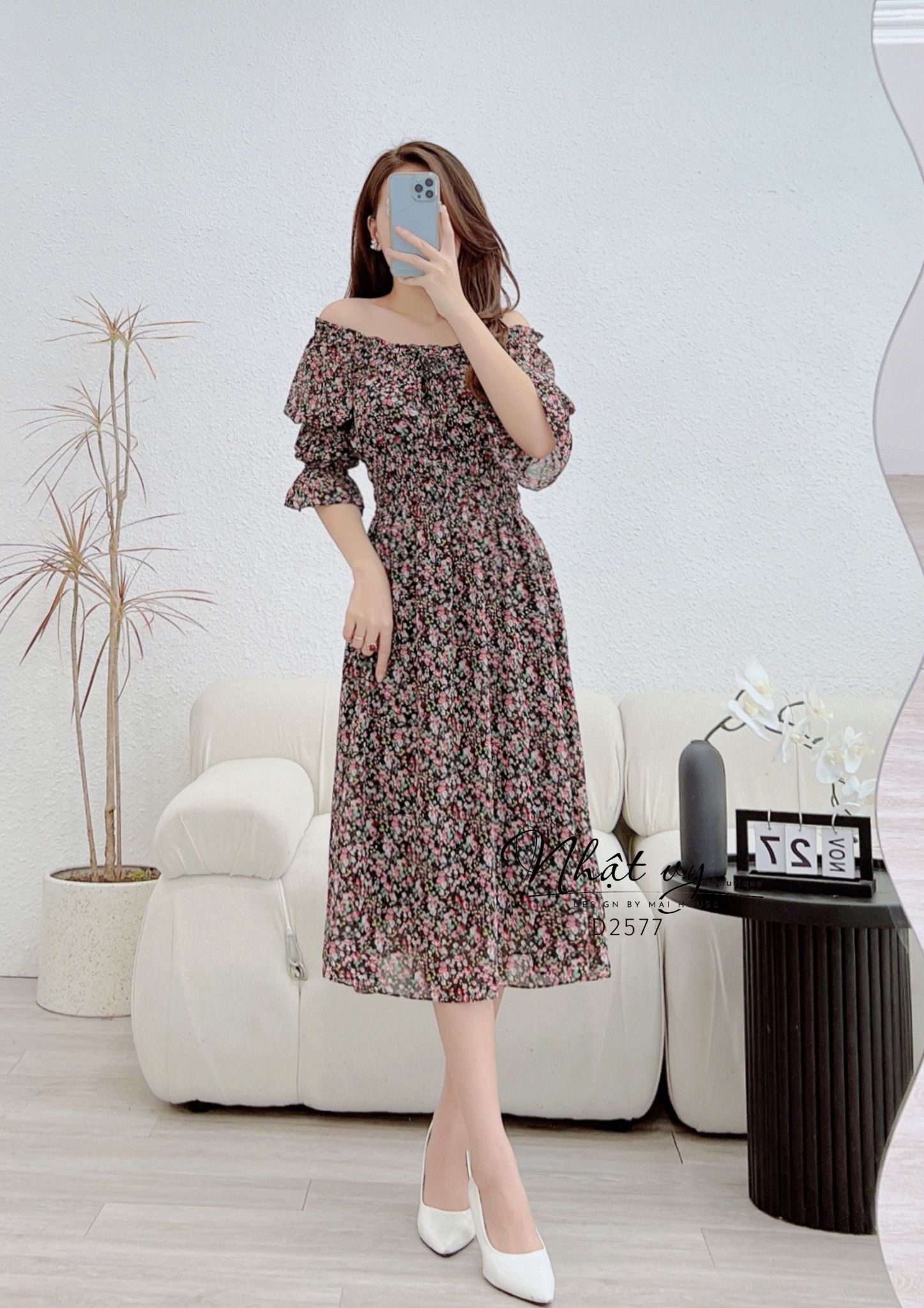 Đầm hoa trễ vai tay lửng nhún ngực bo thun eo - D2577