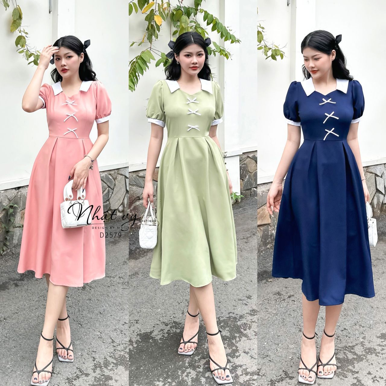 Đầm tiểu thư cổ tim phối bèo đính nơ ngực - D2579