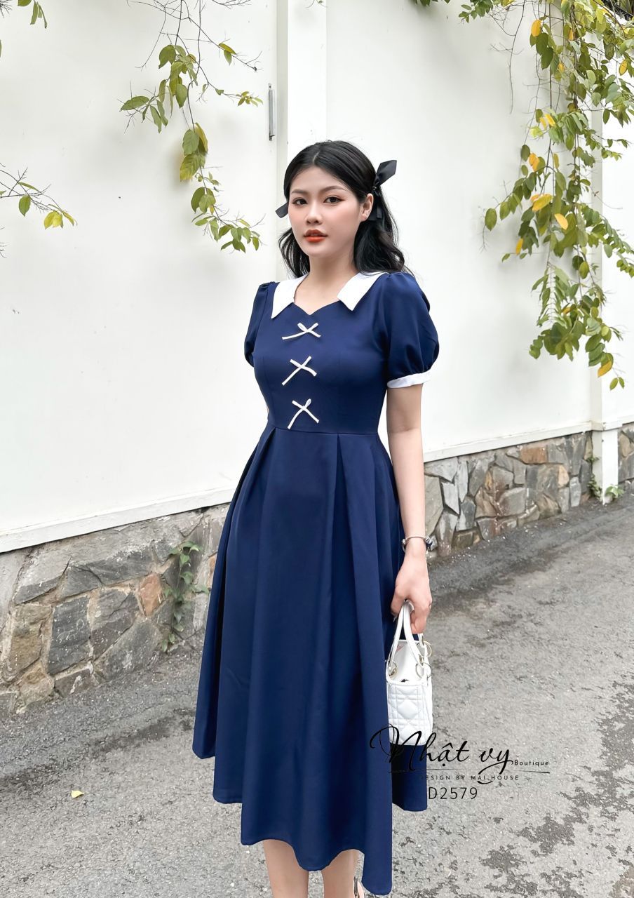 Đầm tiểu thư cổ tim phối bèo đính nơ ngực - D2579