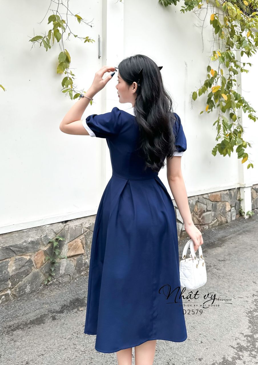 Đầm tiểu thư cổ tim phối bèo đính nơ ngực - D2579