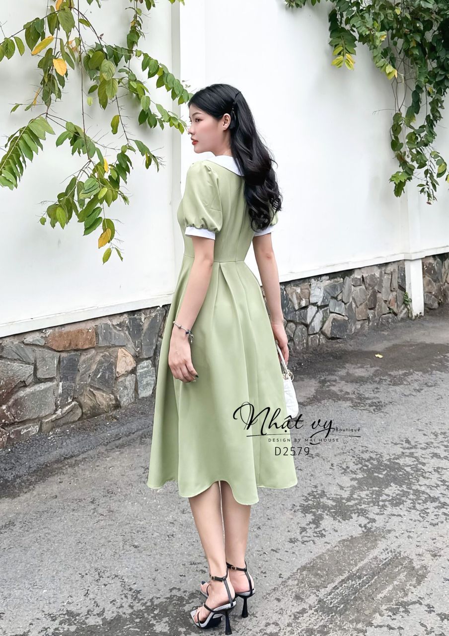 Đầm tiểu thư cổ tim phối bèo đính nơ ngực - D2579