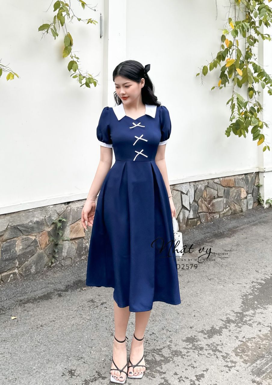 Đầm tiểu thư cổ tim phối bèo đính nơ ngực - D2579