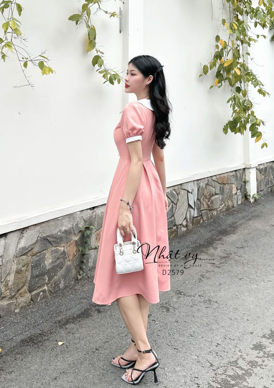 Đầm tiểu thư cổ tim phối bèo đính nơ ngực - D2579