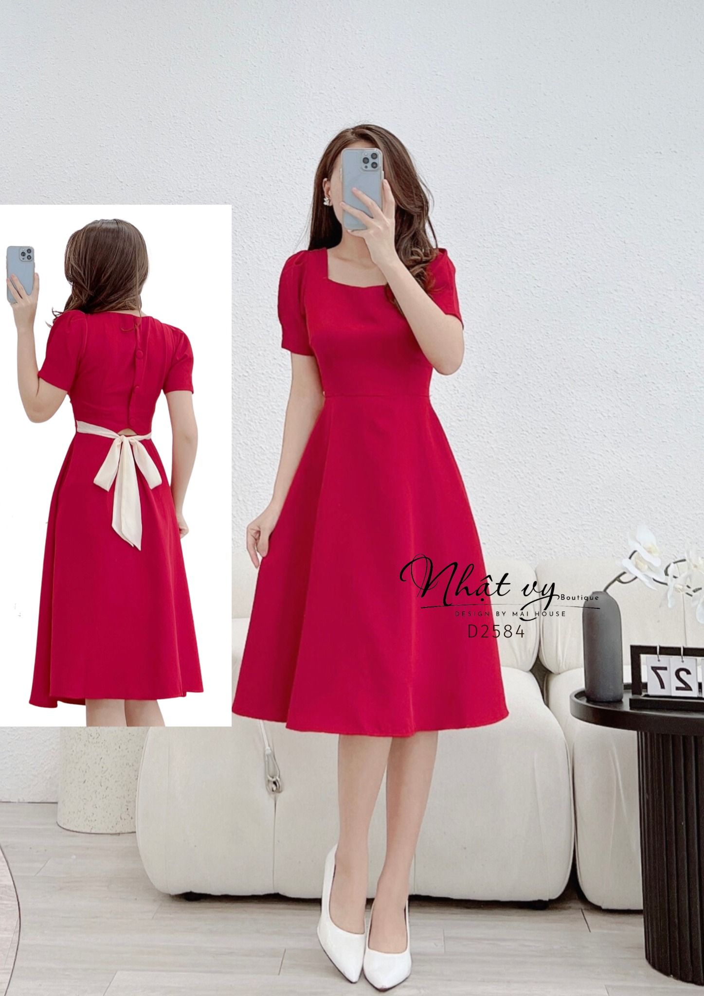 Đầm cổ vuông phối nút sau cách điệu dây nơ liền - D2584