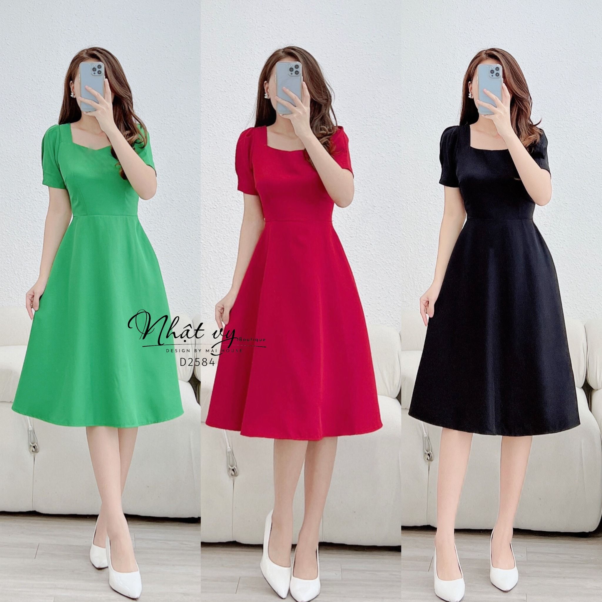 Đầm cổ vuông phối nút sau cách điệu dây nơ liền - D2584
