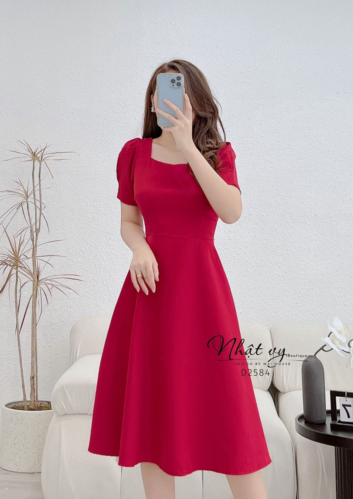 Đầm cổ vuông phối nút sau cách điệu dây nơ liền - D2584