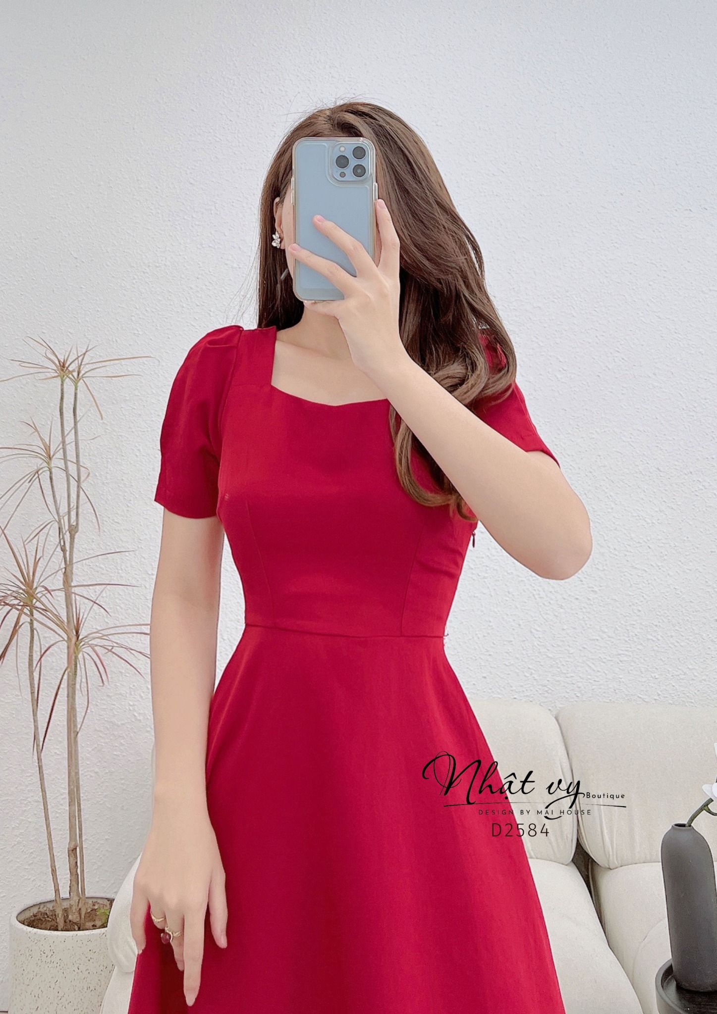 Đầm cổ vuông phối nút sau cách điệu dây nơ liền - D2584