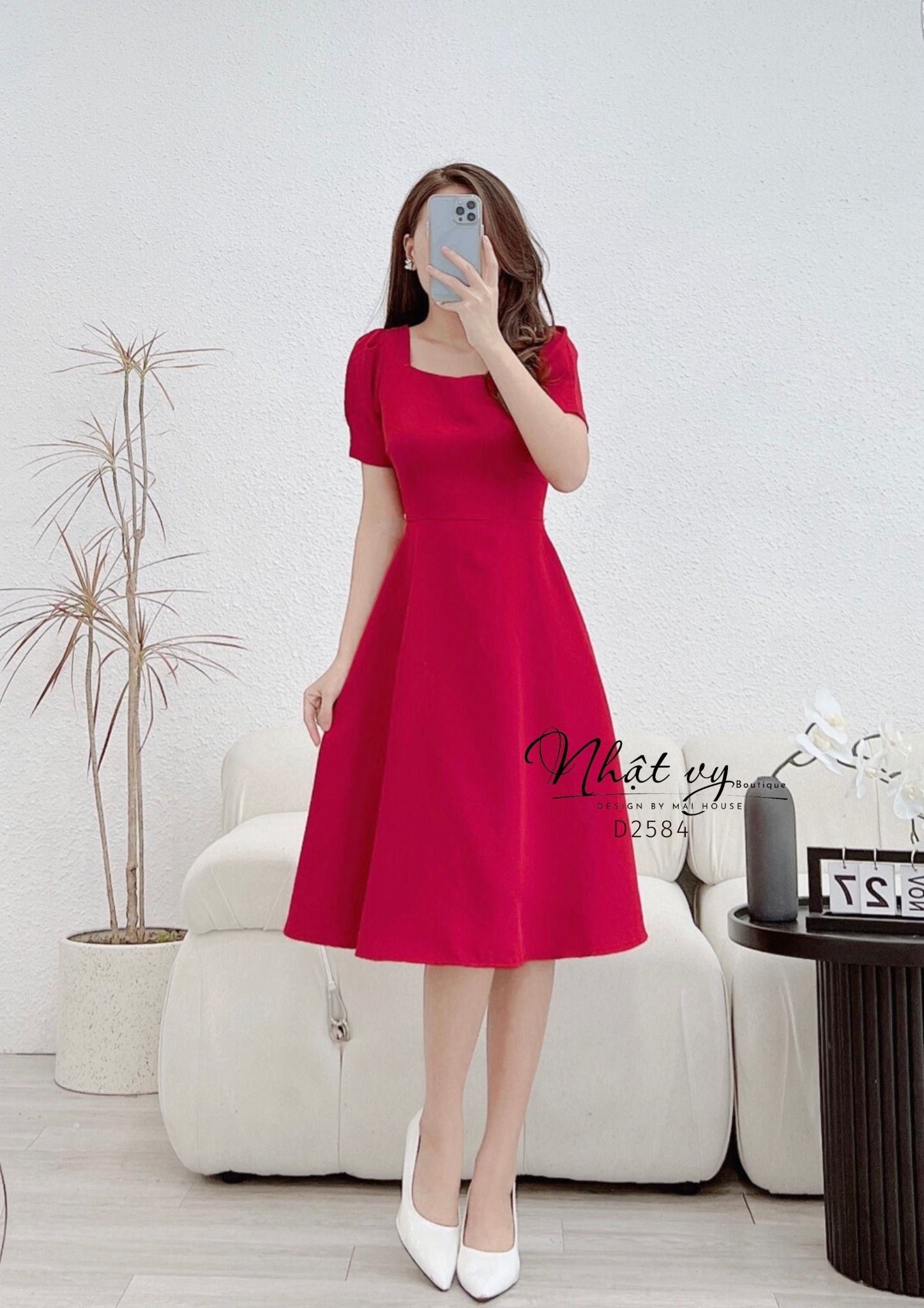 Đầm cổ vuông phối nút sau cách điệu dây nơ liền - D2584