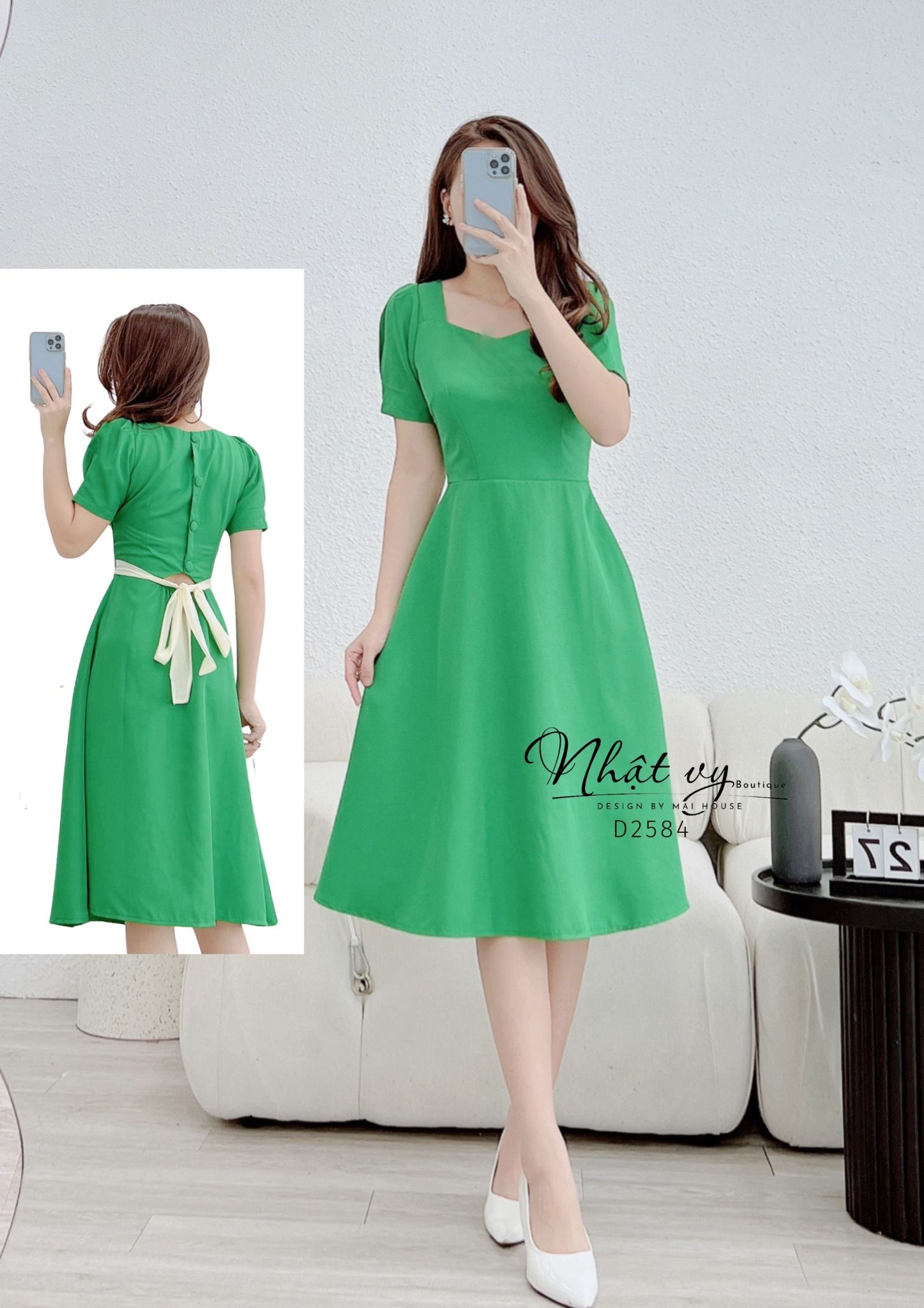 Đầm cổ vuông phối nút sau cách điệu dây nơ liền - D2584
