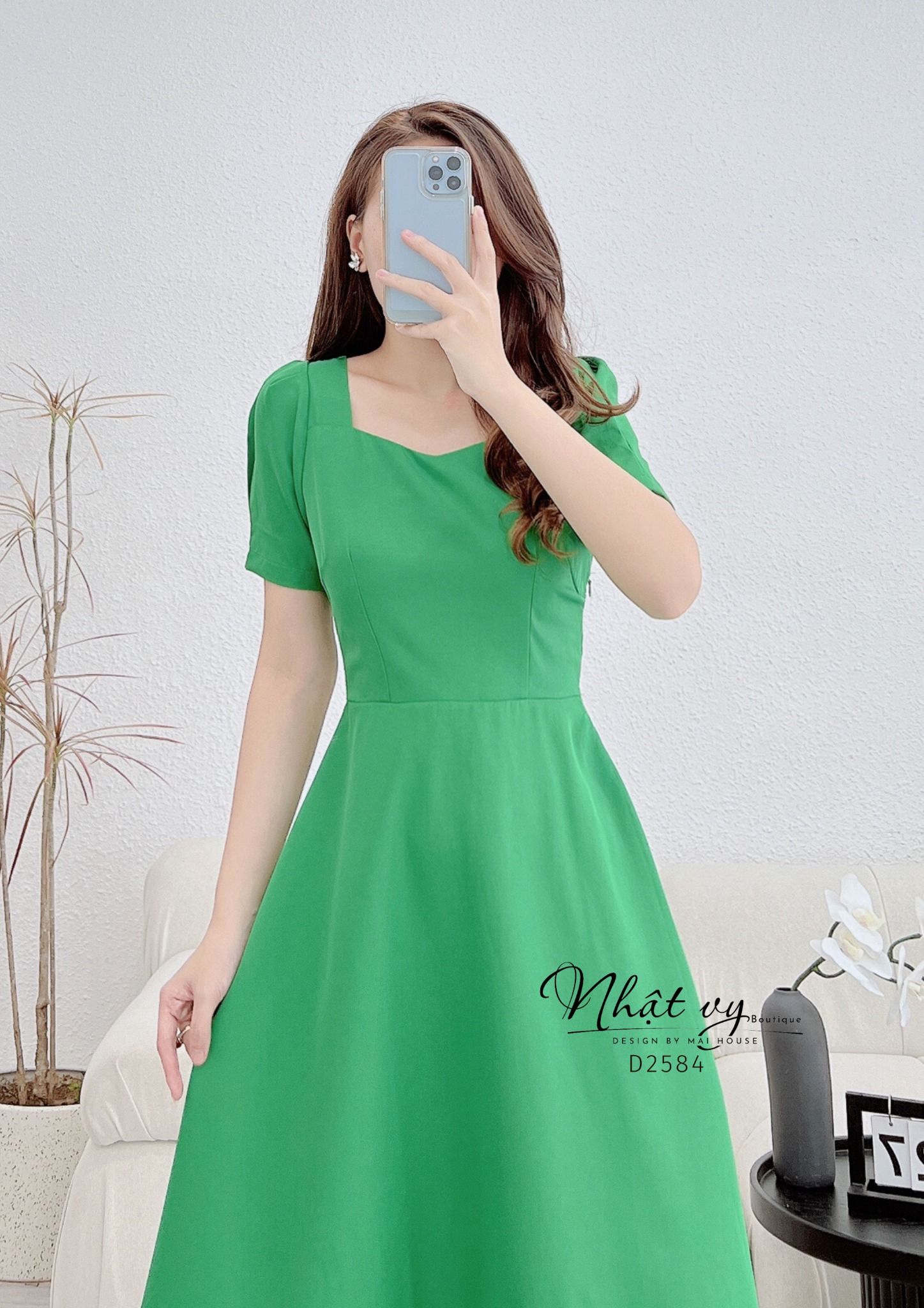 Đầm cổ vuông phối nút sau cách điệu dây nơ liền - D2584