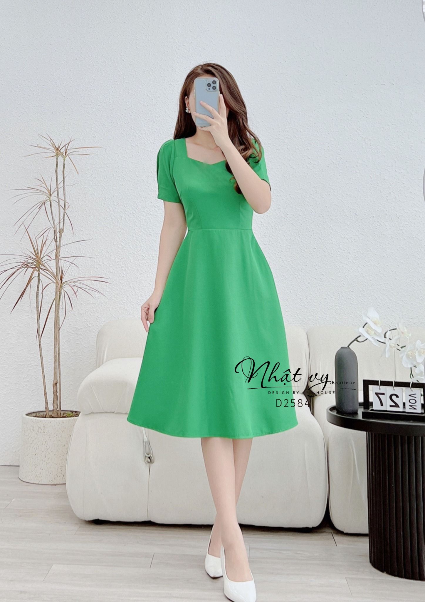 Đầm cổ vuông phối nút sau cách điệu dây nơ liền - D2584