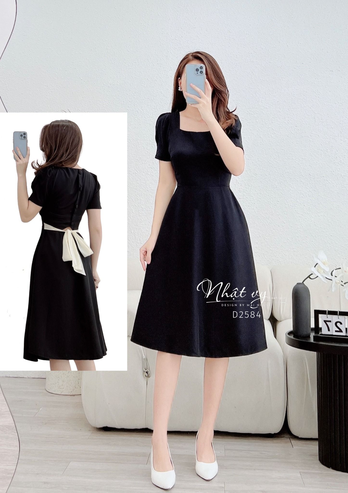 Đầm cổ vuông phối nút sau cách điệu dây nơ liền - D2584