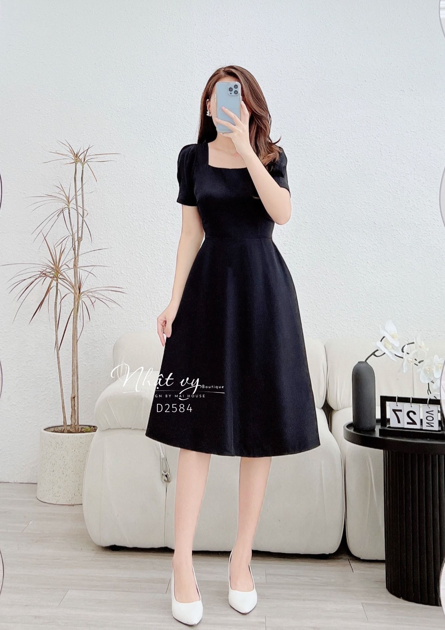 Đầm cổ vuông phối nút sau cách điệu dây nơ liền - D2584