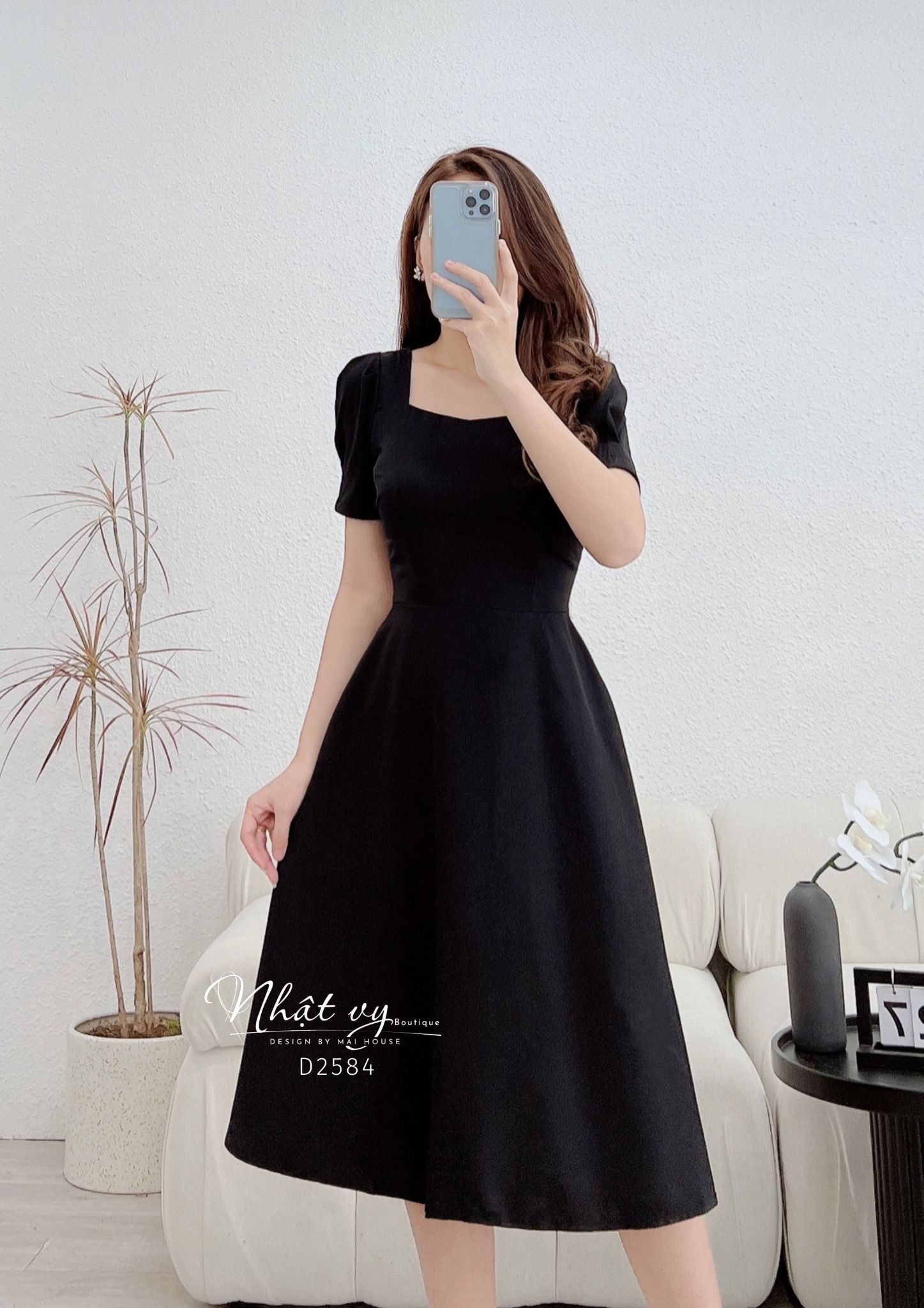 Đầm cổ vuông phối nút sau cách điệu dây nơ liền - D2584
