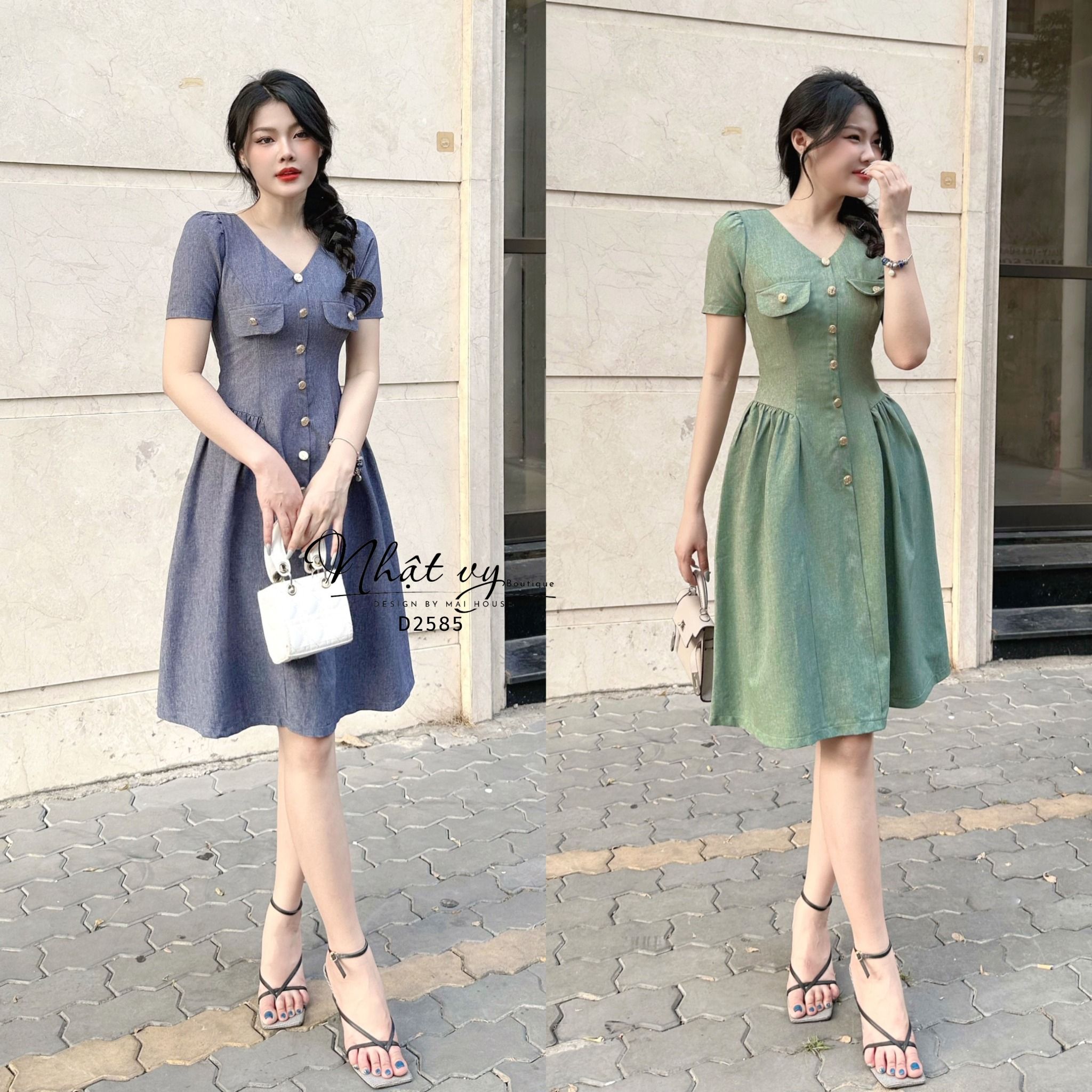 Đầm dáng xoè cổ V đính cúc giả xếp ly kiểu - D2585