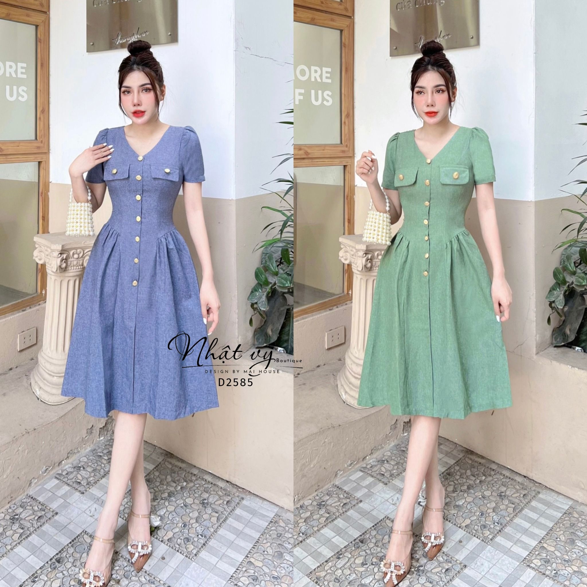Đầm dáng xoè cổ V đính cúc giả xếp ly kiểu - D2585