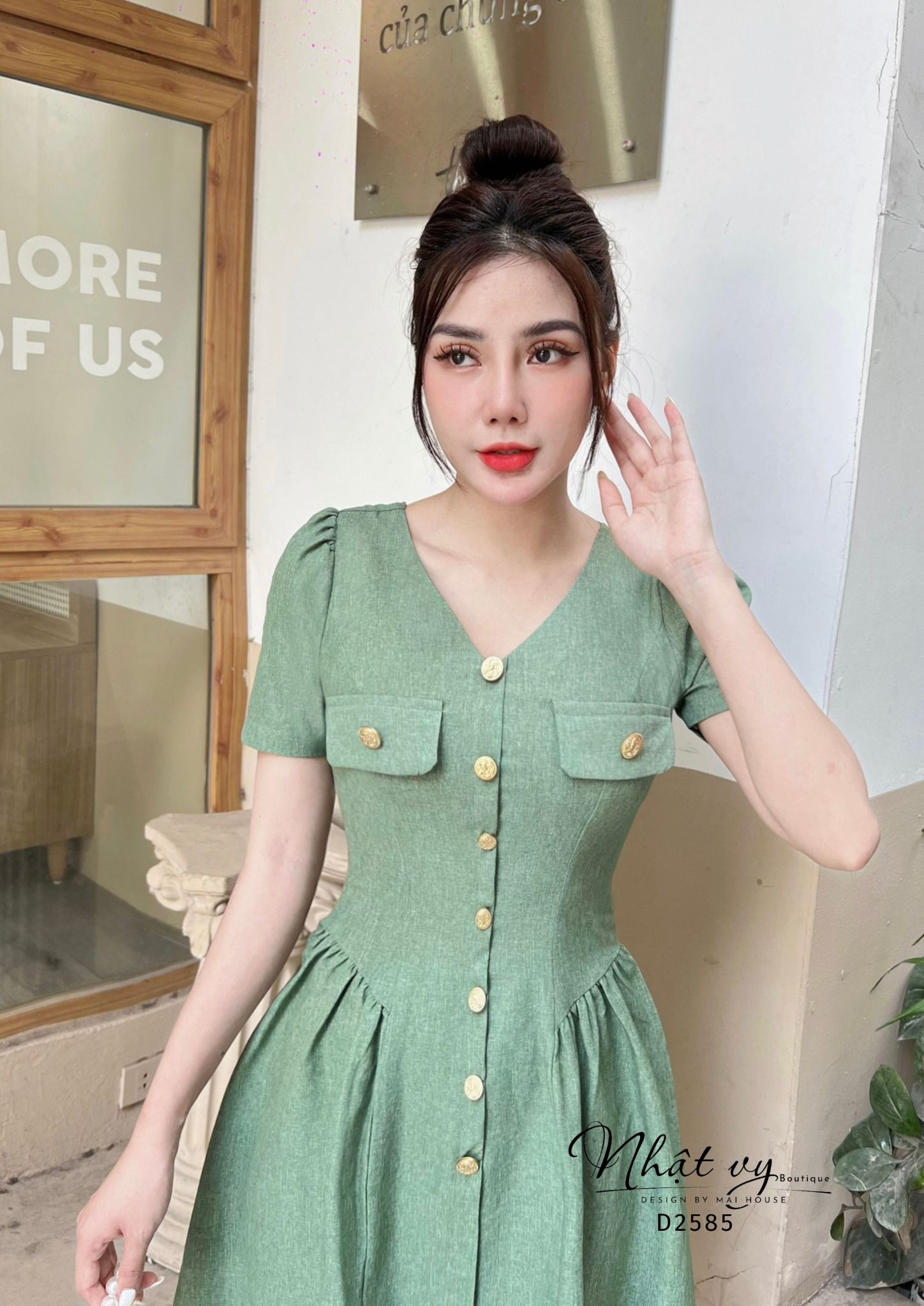 Đầm dáng xoè cổ V đính cúc giả xếp ly kiểu - D2585