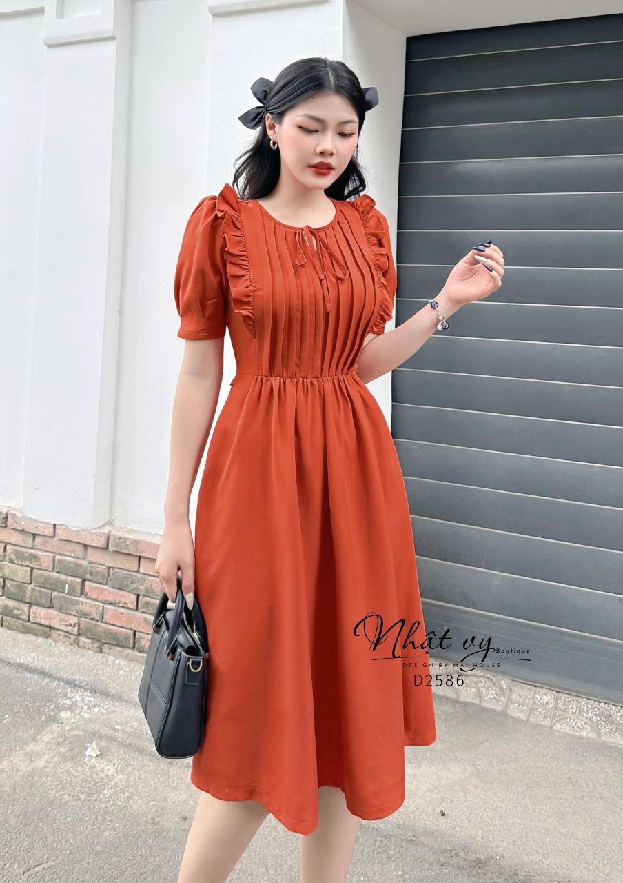 Đầm cổ tròn viền bèo xếp ly ngực - D2586