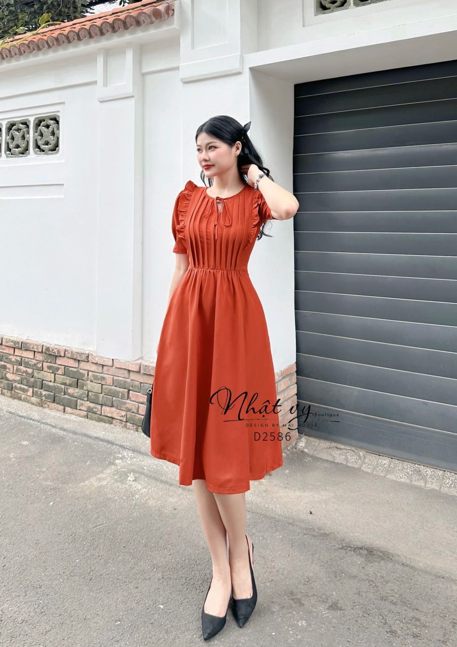 Đầm cổ tròn viền bèo xếp ly ngực - D2586