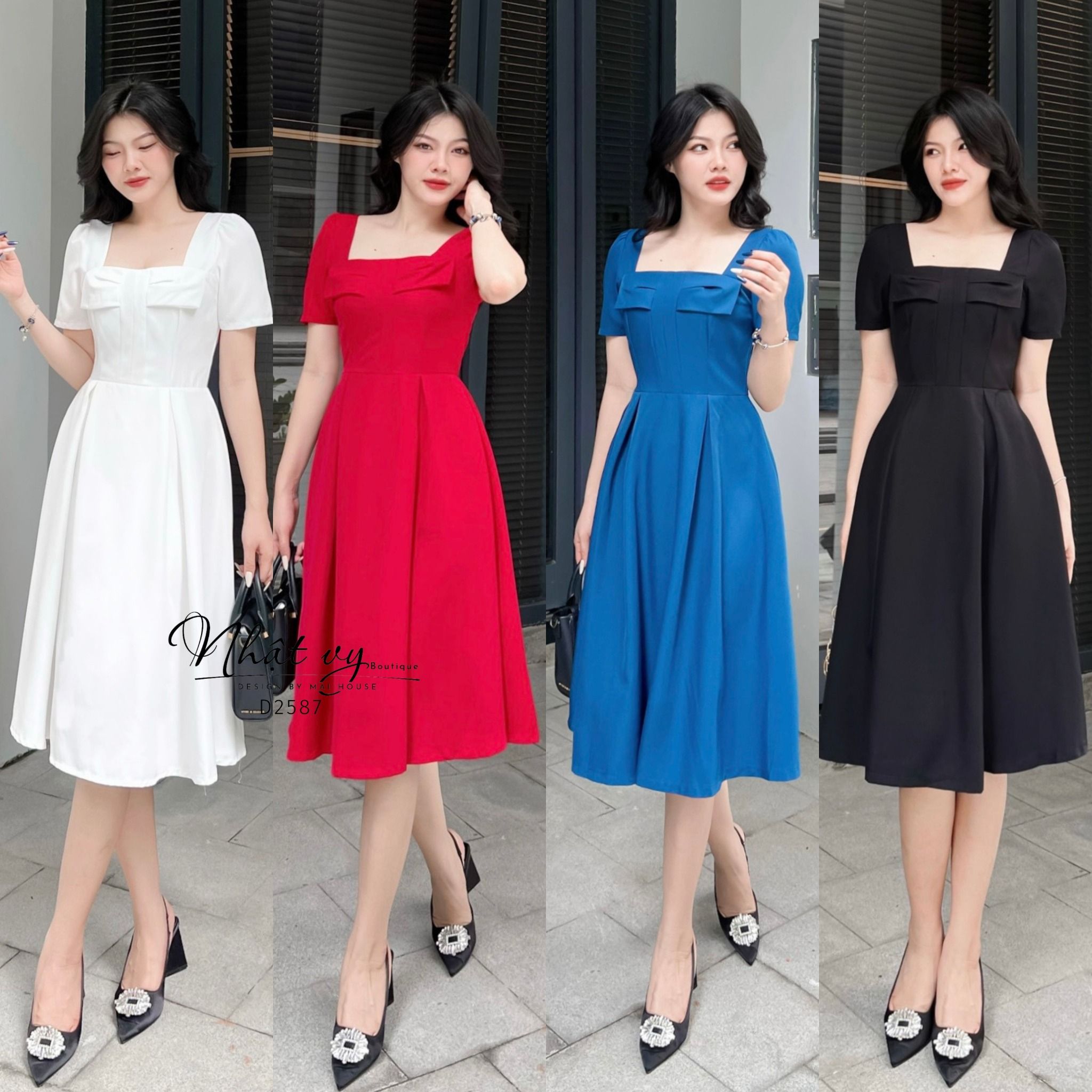 Đầm cổ vuông dáng xoè ngực đính nơ cách điệu - D2587