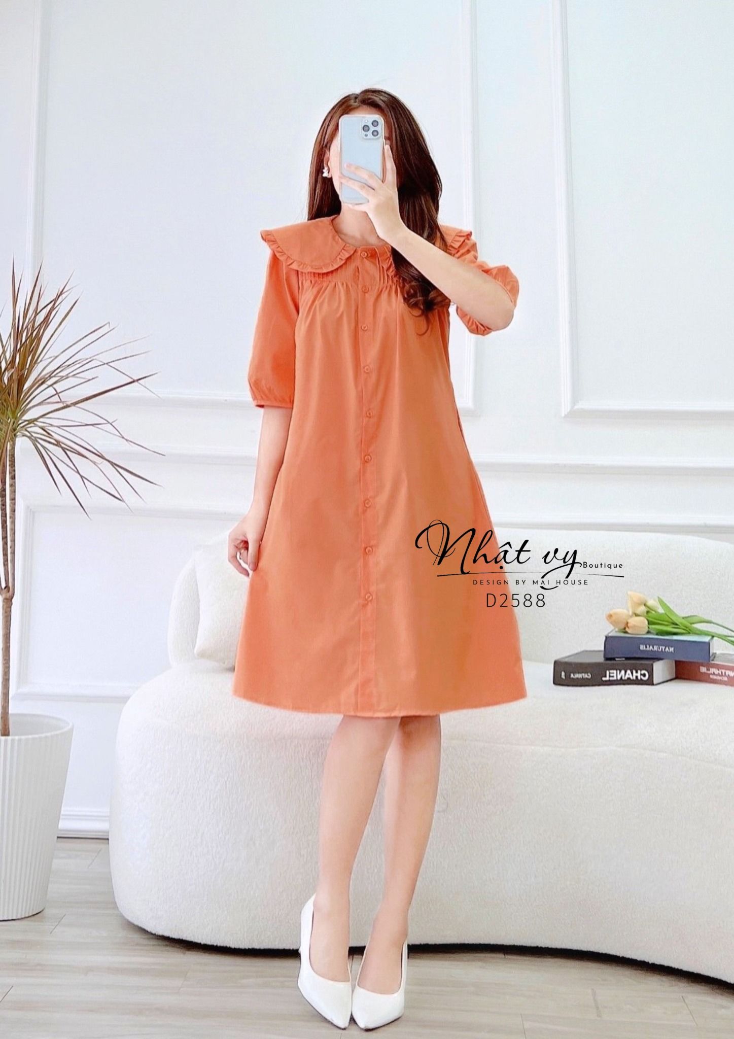 Đầm sơ mi cổ tròn phối viền bèo tay lửng - D2588