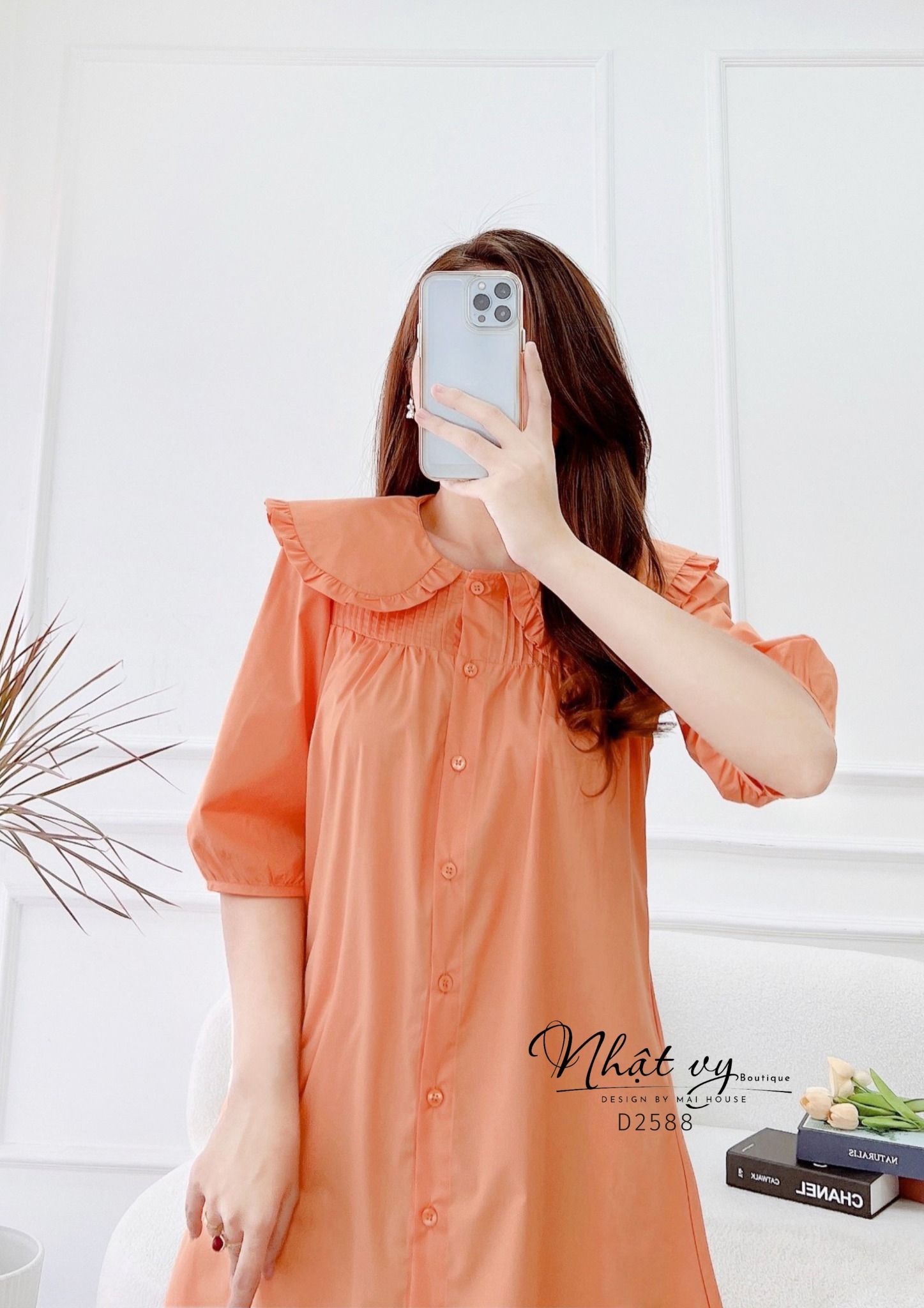 Đầm sơ mi cổ tròn phối viền bèo tay lửng - D2588