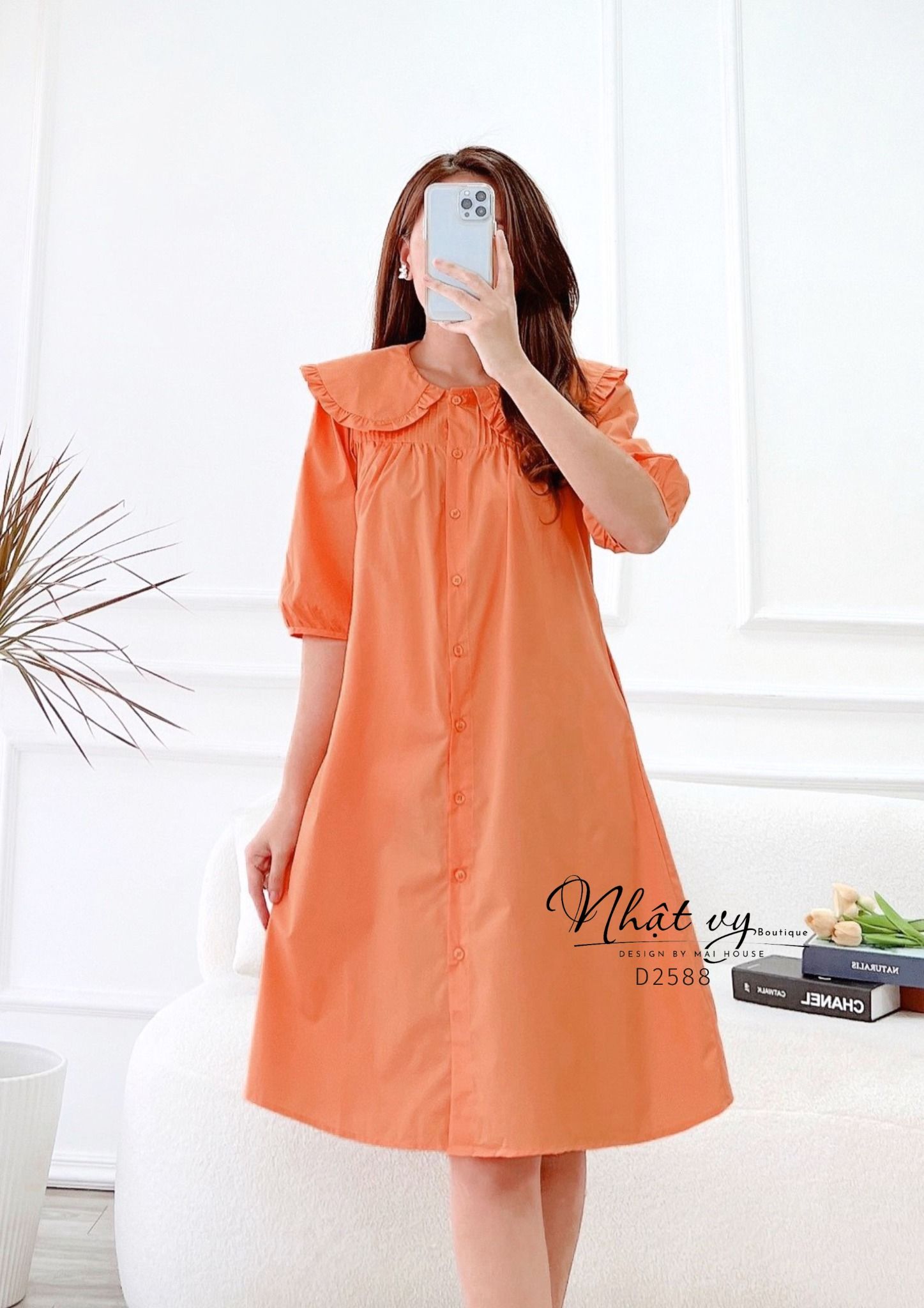 Đầm sơ mi cổ tròn phối viền bèo tay lửng - D2588