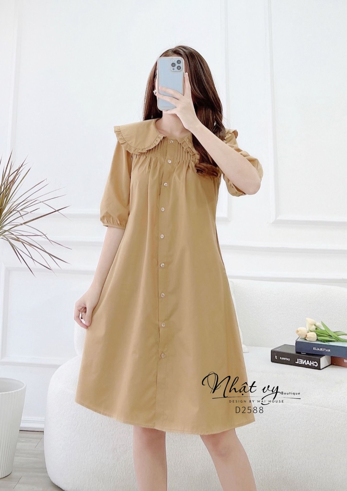 Đầm sơ mi cổ tròn phối viền bèo tay lửng - D2588