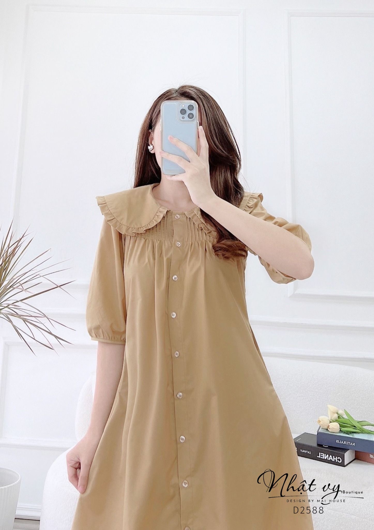 Đầm sơ mi cổ tròn phối viền bèo tay lửng - D2588