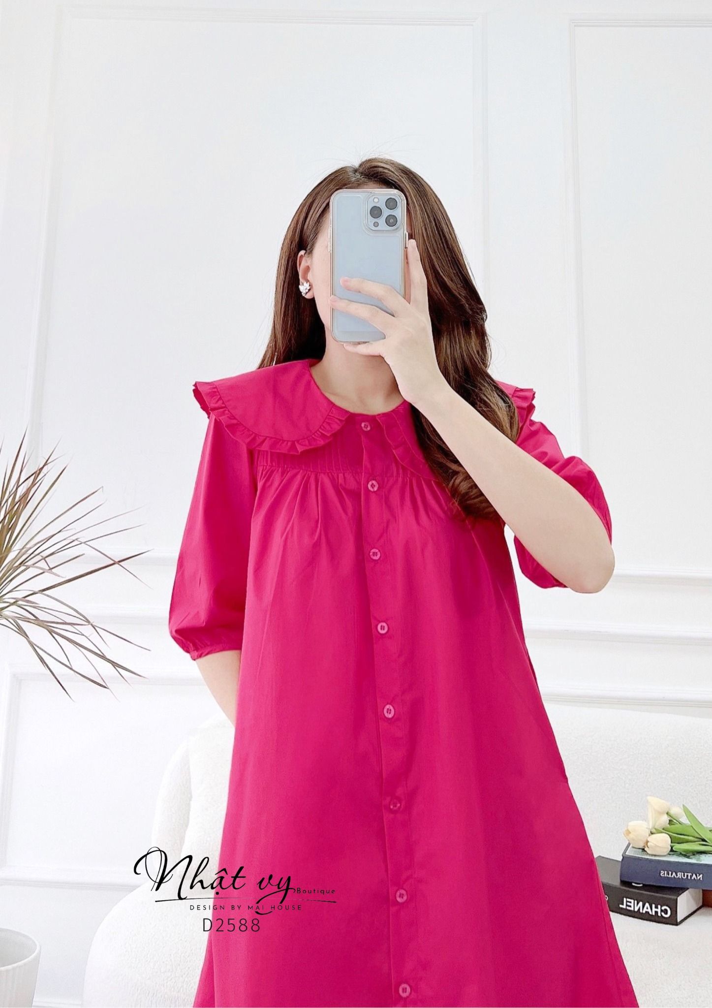 Đầm sơ mi cổ tròn phối viền bèo tay lửng - D2588