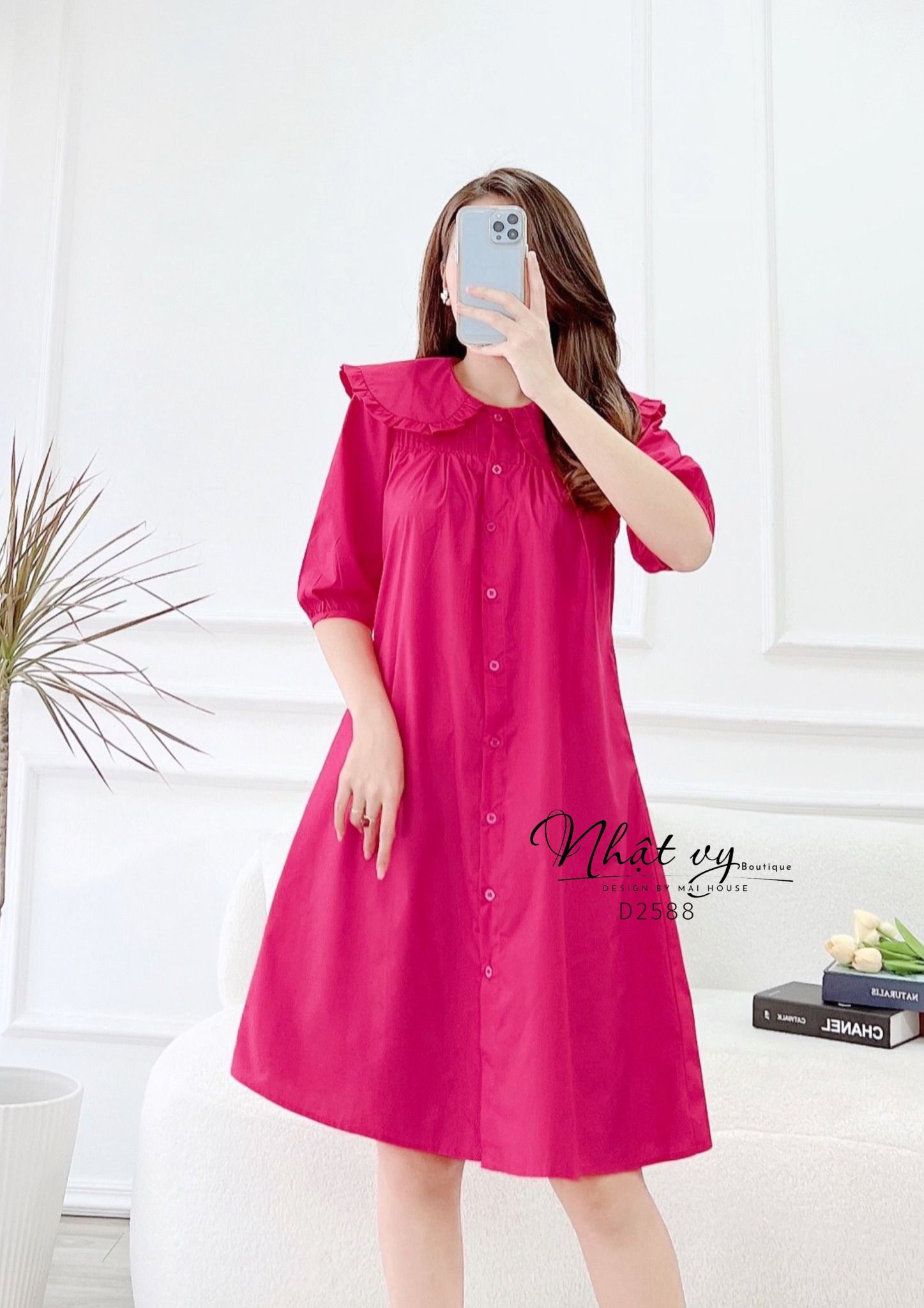 Đầm sơ mi cổ tròn phối viền bèo tay lửng - D2588
