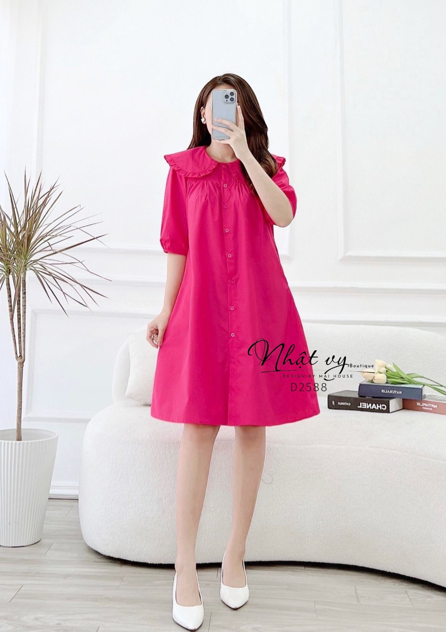 Đầm sơ mi cổ tròn phối viền bèo tay lửng - D2588