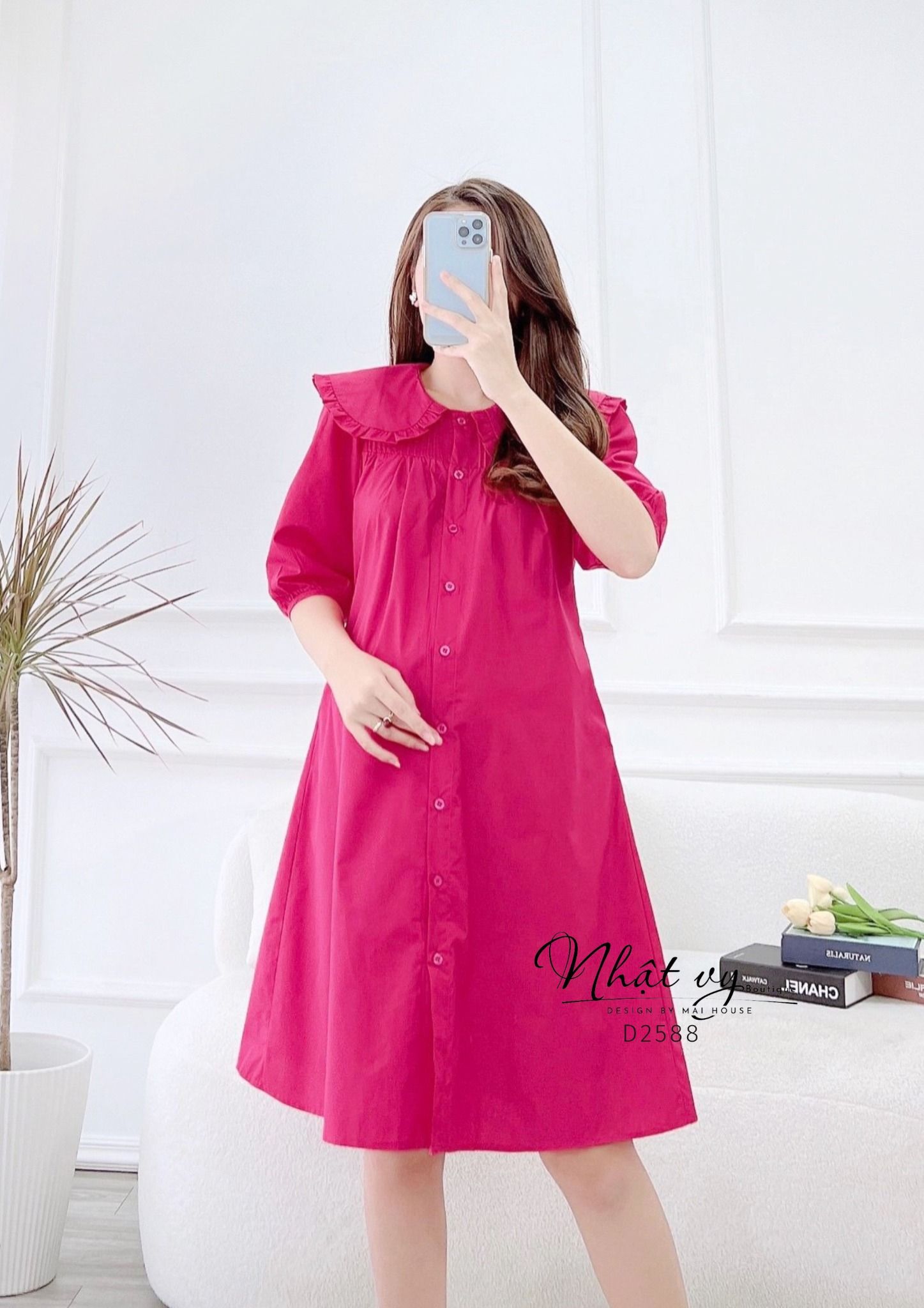 Đầm sơ mi cổ tròn phối viền bèo tay lửng - D2588