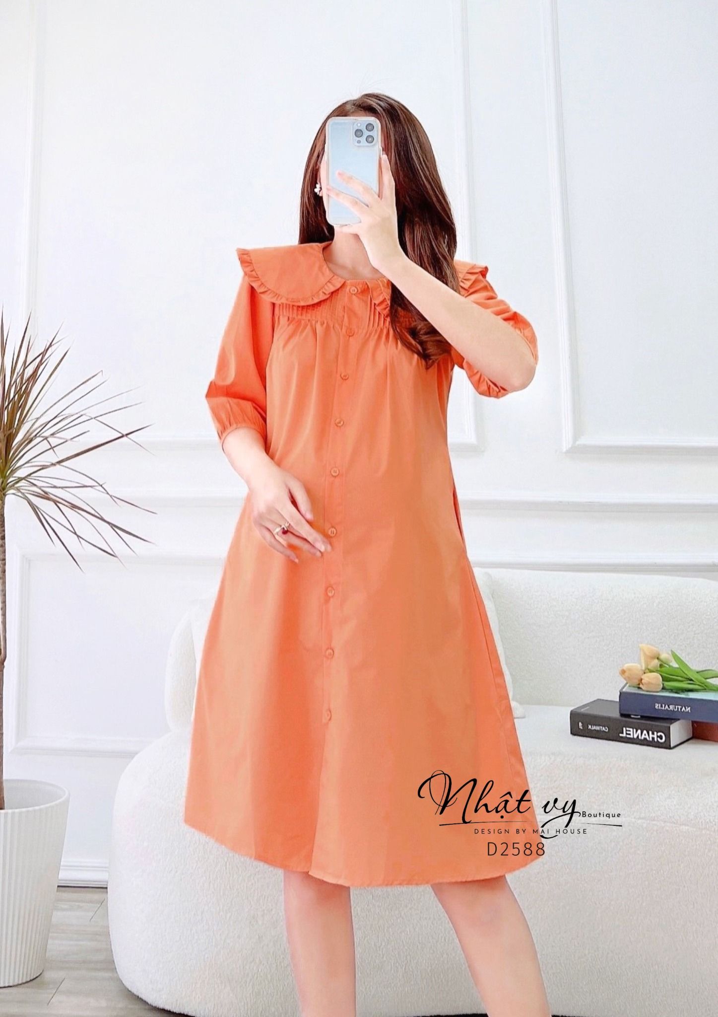Đầm sơ mi cổ tròn phối viền bèo tay lửng - D2588