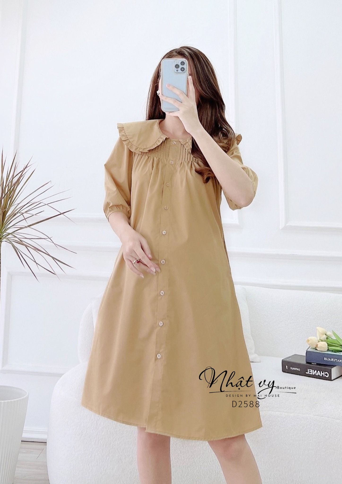 Đầm sơ mi cổ tròn phối viền bèo tay lửng - D2588