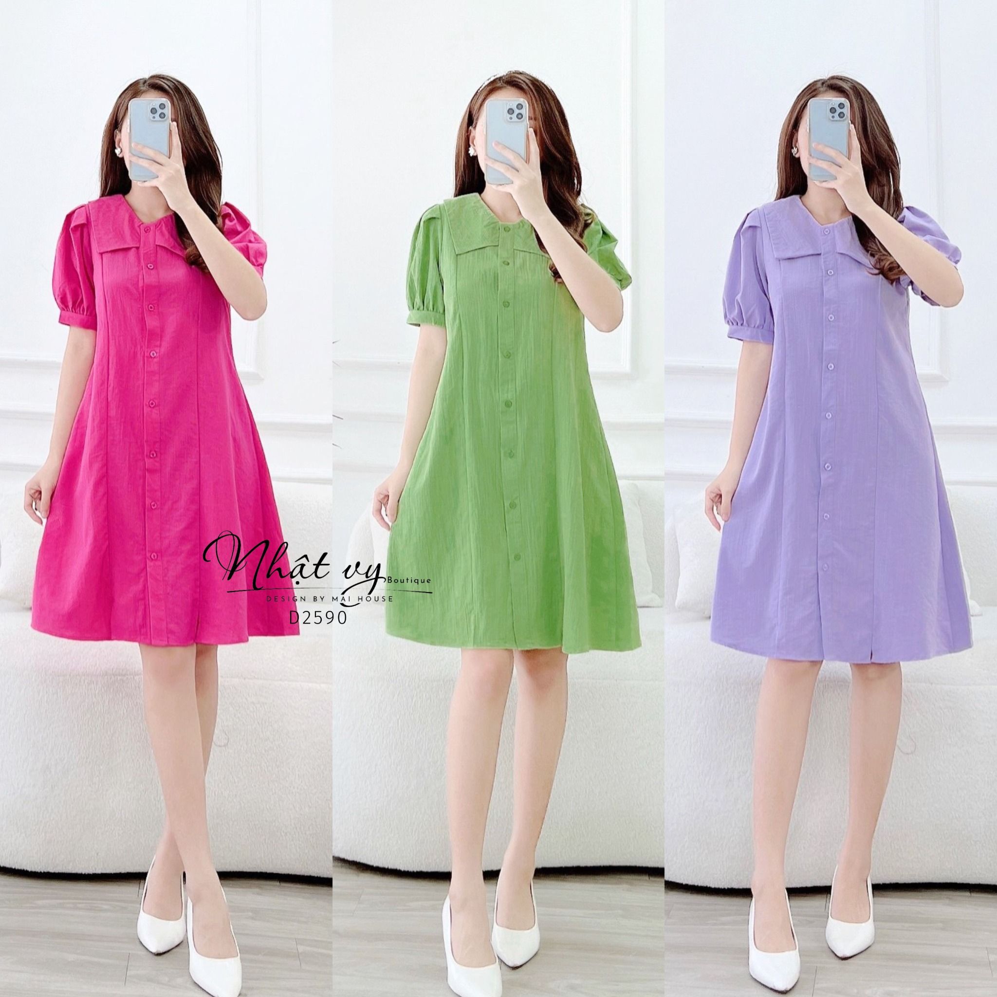 Đầm sơ mi dáng suông cổ tim phối bèo - D2590