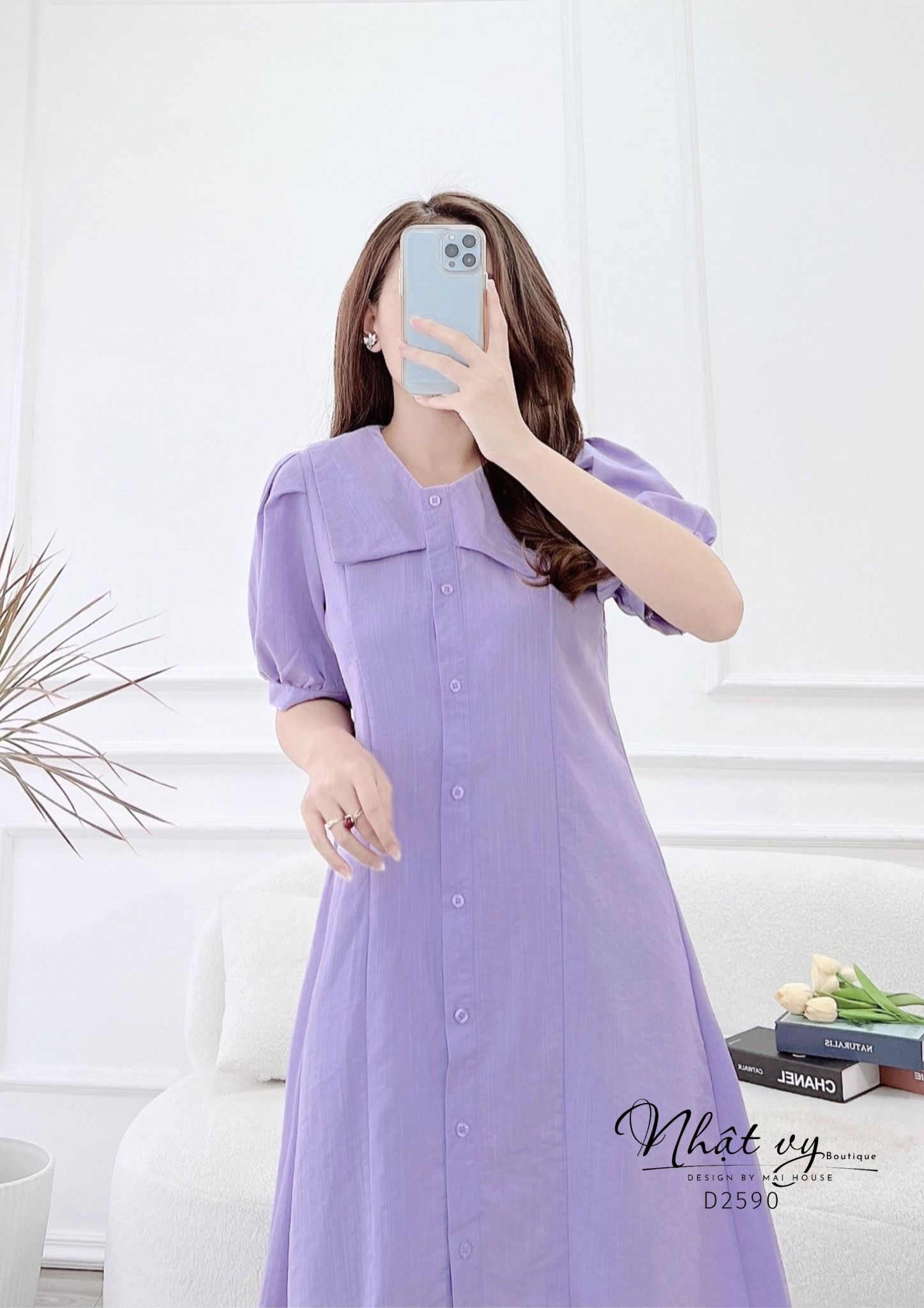Đầm sơ mi dáng suông cổ tim phối bèo - D2590