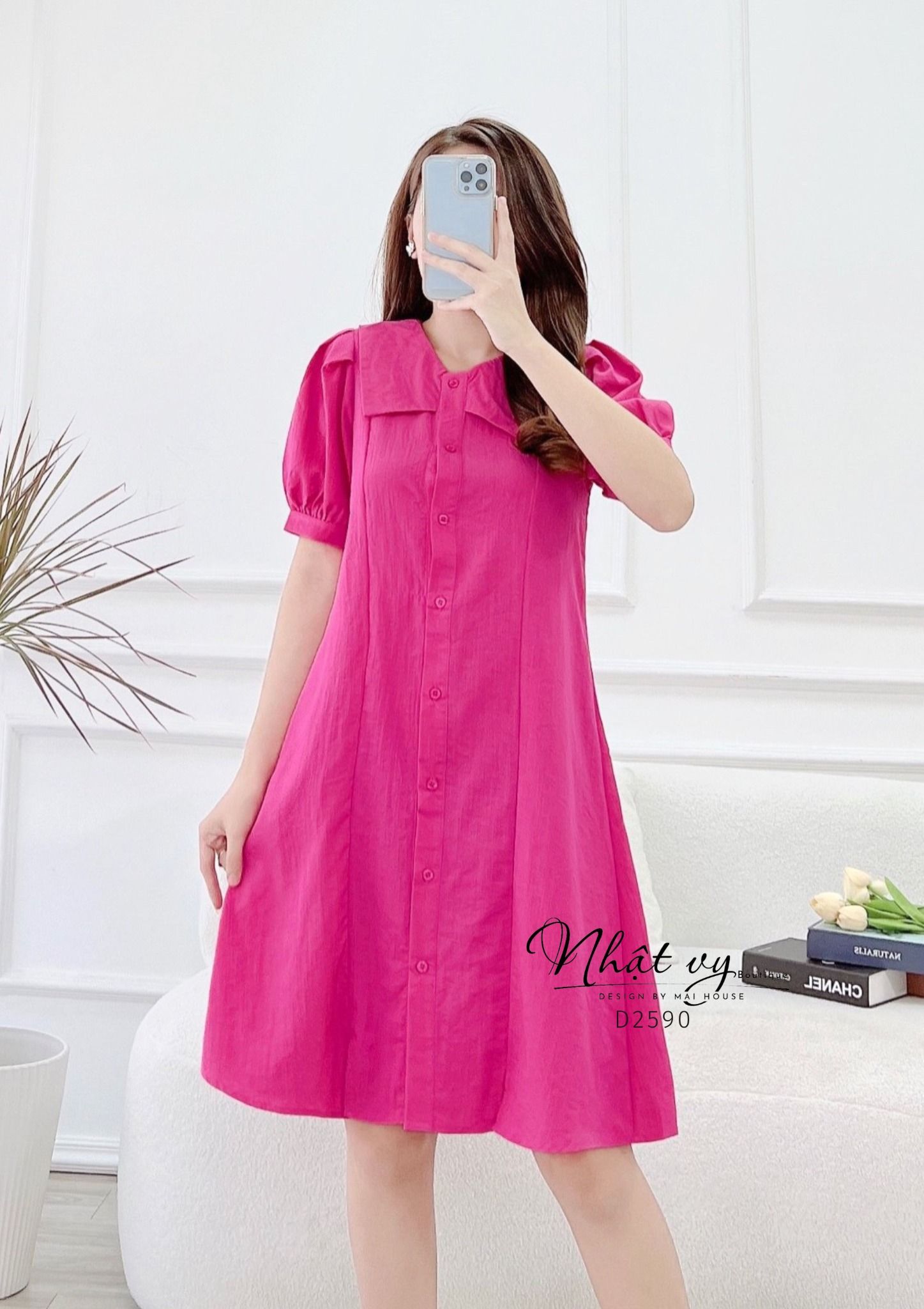 Đầm sơ mi dáng suông cổ tim phối bèo - D2590
