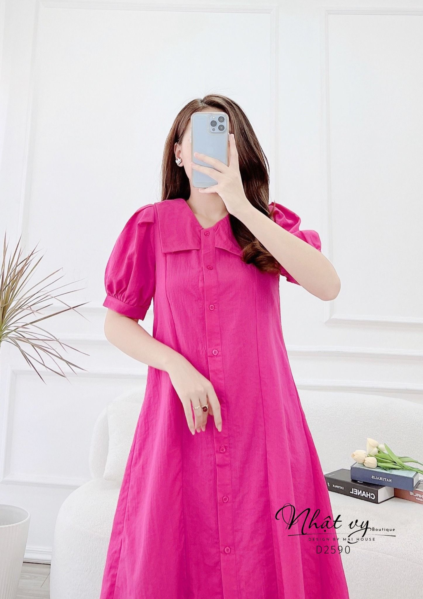 Đầm sơ mi dáng suông cổ tim phối bèo - D2590