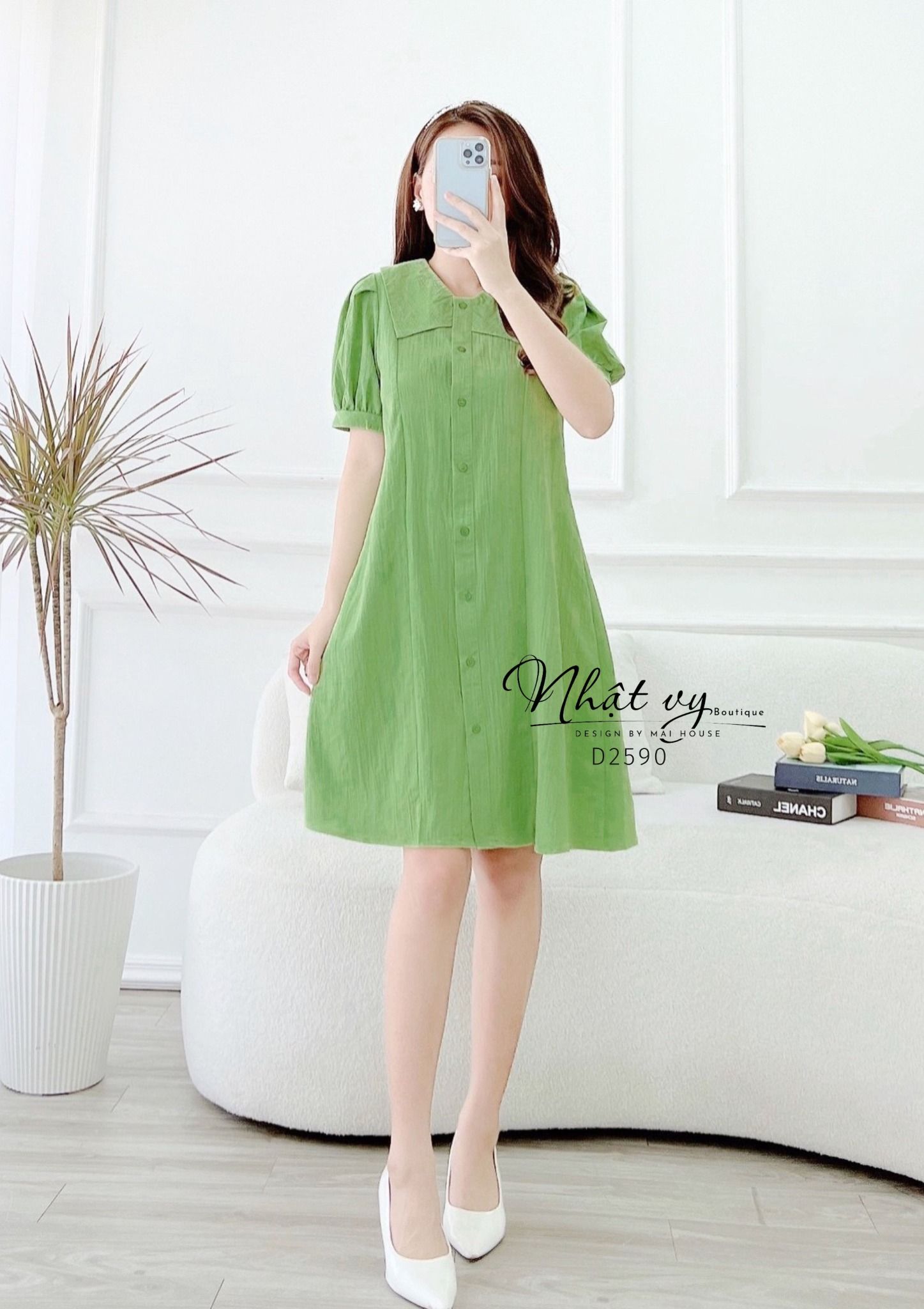 Đầm sơ mi dáng suông cổ tim phối bèo - D2590