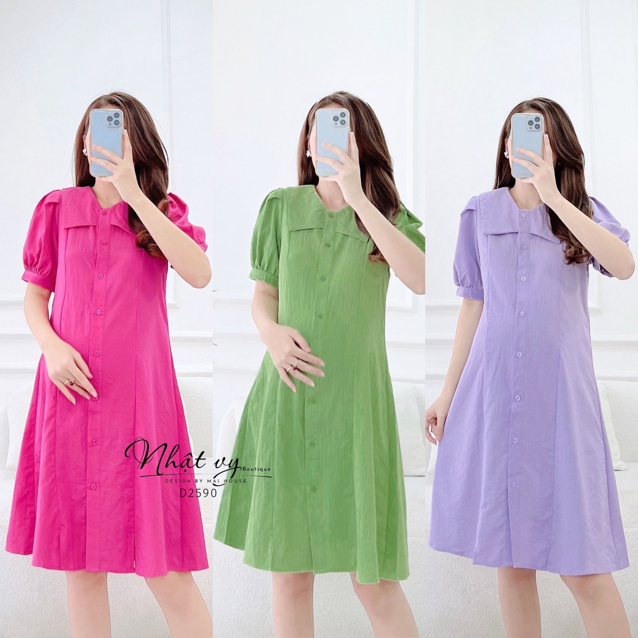 Đầm sơ mi dáng suông cổ tim phối bèo - D2590
