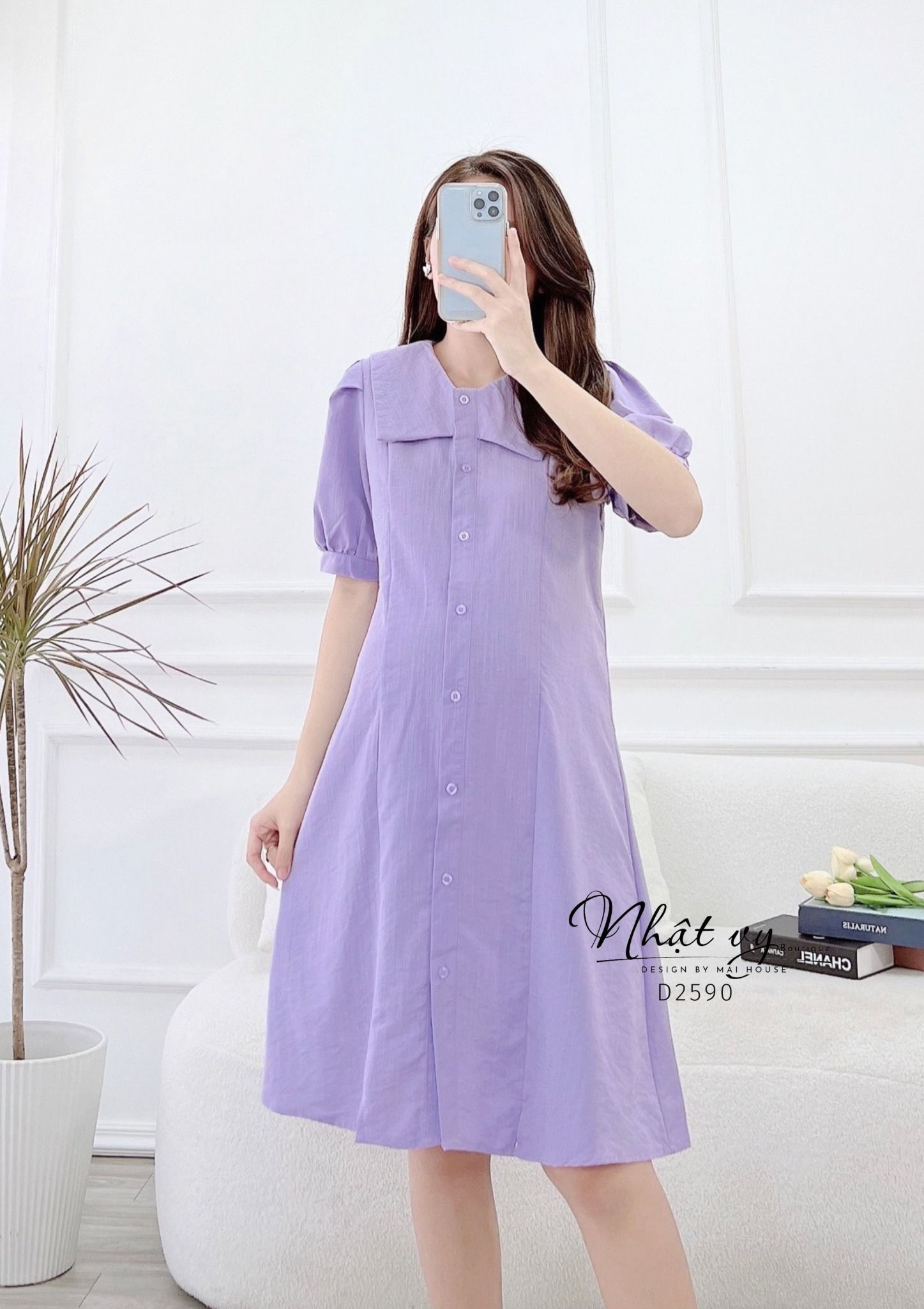 Đầm sơ mi dáng suông cổ tim phối bèo - D2590