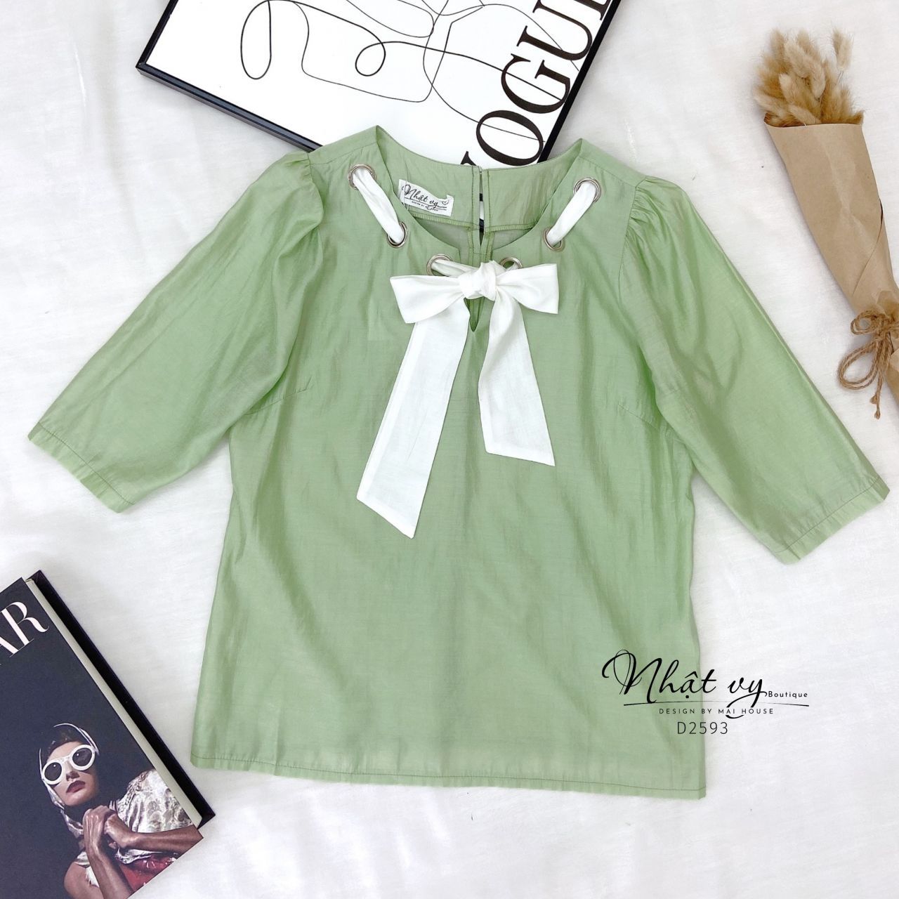 Áo nữ dáng suông tay lửng cổ phối nơ kiểu - D2593