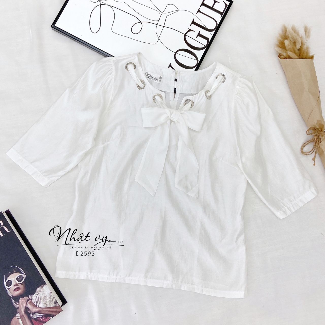 Áo nữ dáng suông tay lửng cổ phối nơ kiểu - D2593