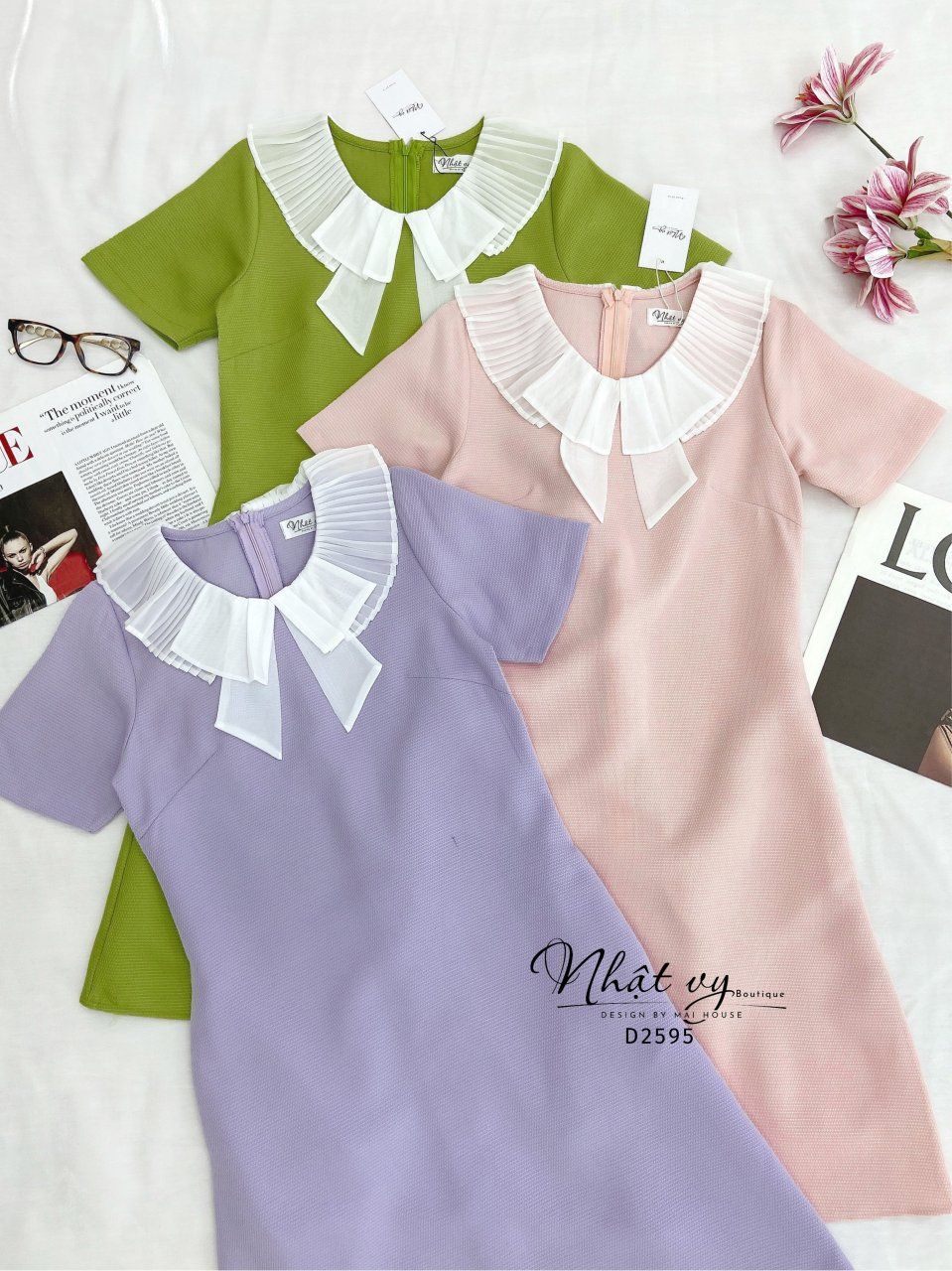 Đầm suông cổ tròn phối viền bèo dập ly - D2595