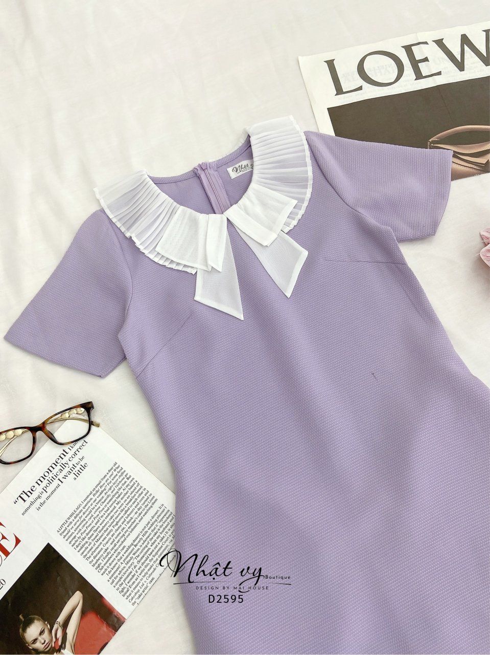 Đầm suông cổ tròn phối viền bèo dập ly - D2595