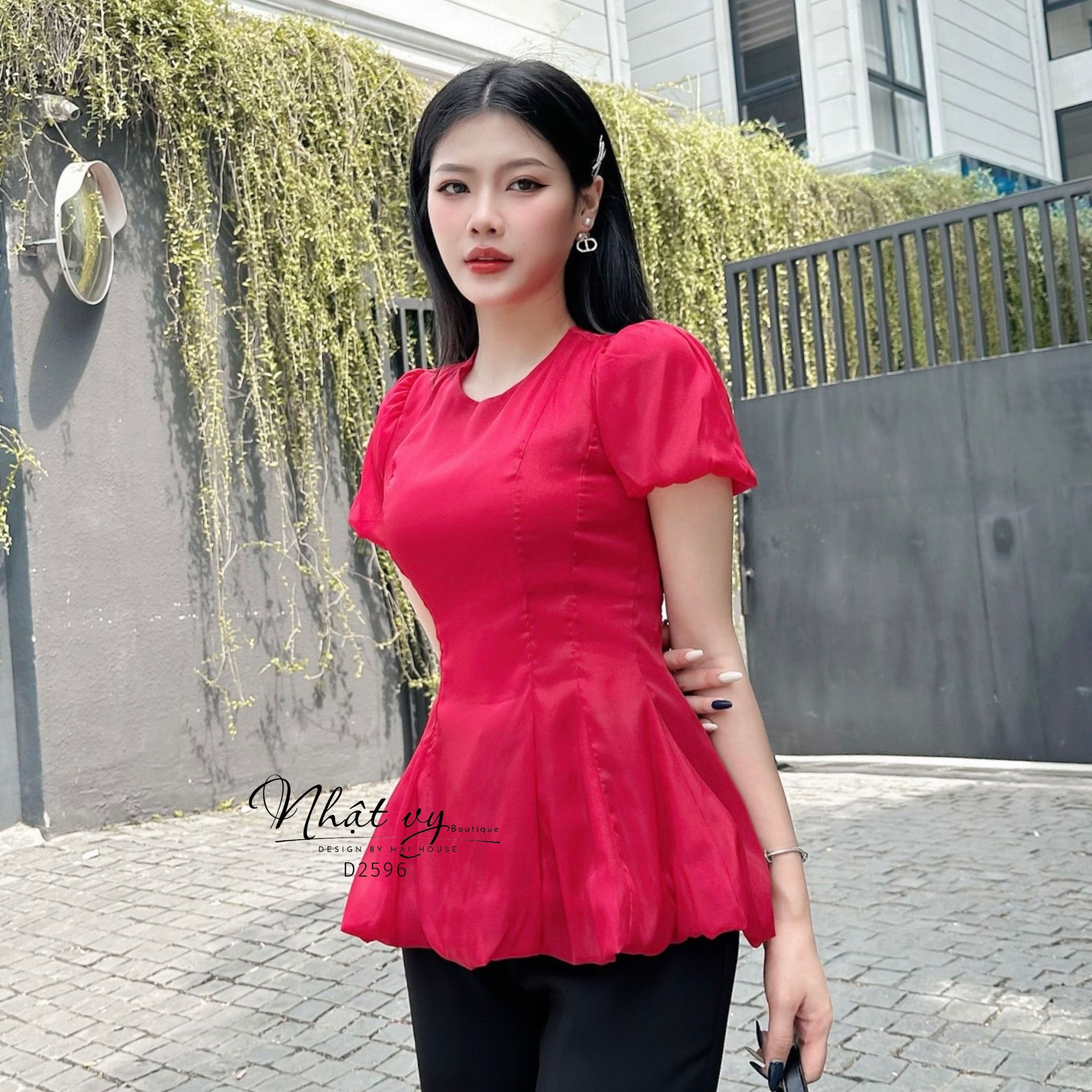 Áo cổ tròn tay bí dáng xoè - D2596